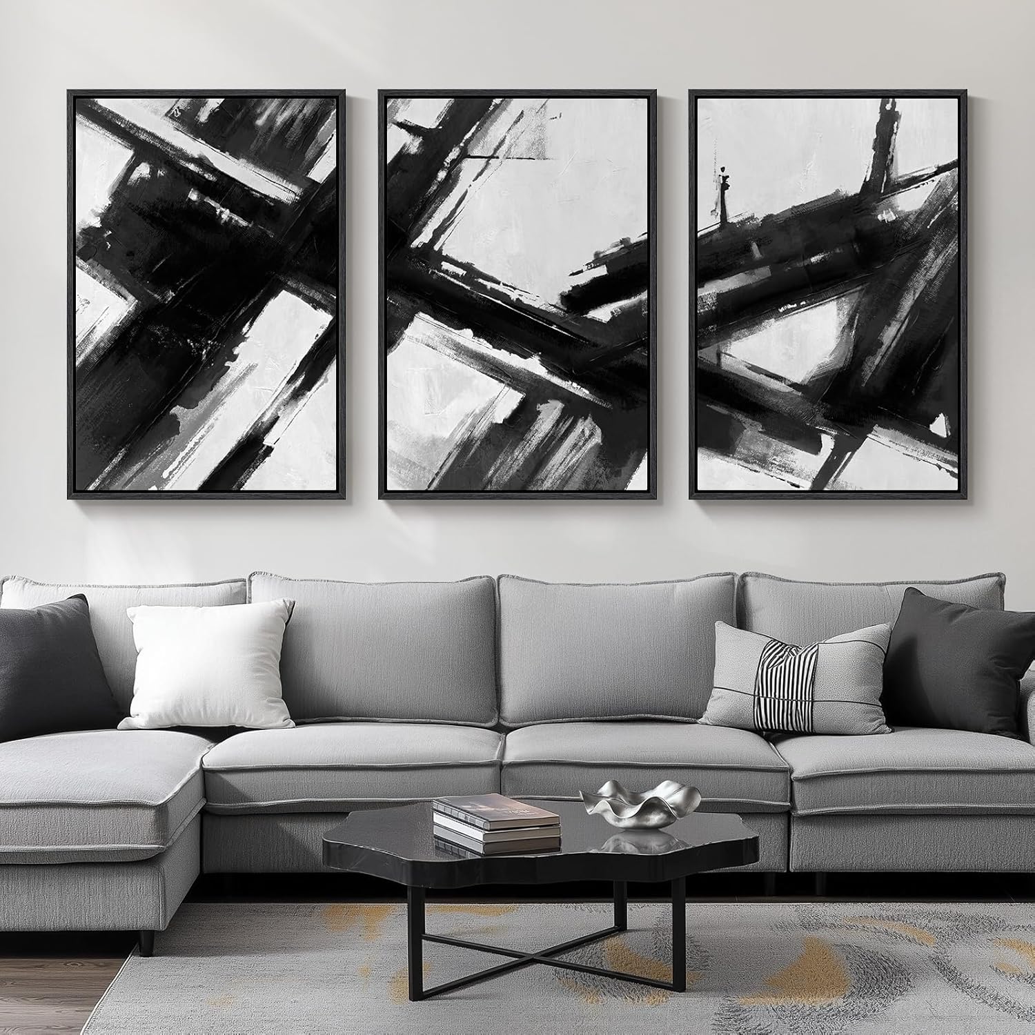 Large Framed Boho Modern Neutral Abstract Wall Art for Living Room, 3 Piece Black and White Canvas Prints Paintings Artwork for Walls
