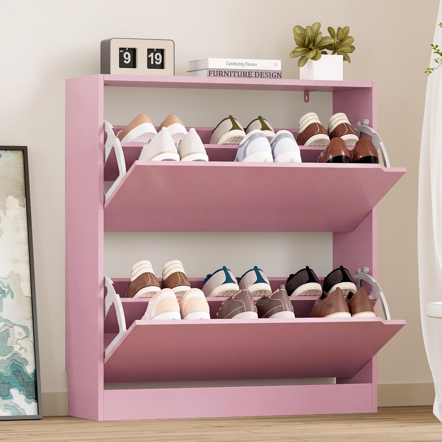 BORNOON Shoe Cabinet with 3 Flip Drawers, Hidden Wood Shoe Cabinet, Freestanding Shoe Storage Cabinet for Entryway Hallway.White. 47.2" H*31.5" W*9