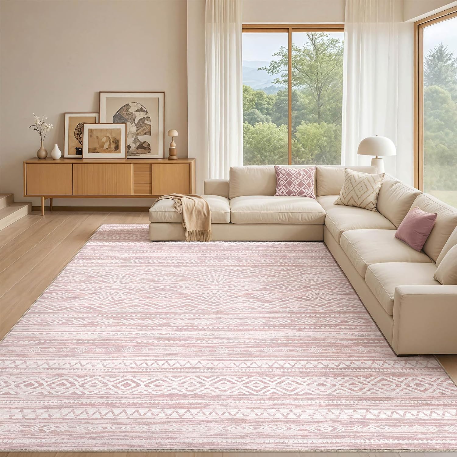 Tortania Area Rug Living Room Rugs - 10x12 Washable Large Soft Neutral Boho Moroccan Bohemian Farmhouse Rug Indoor Floor Carpet for Bedroom Under
