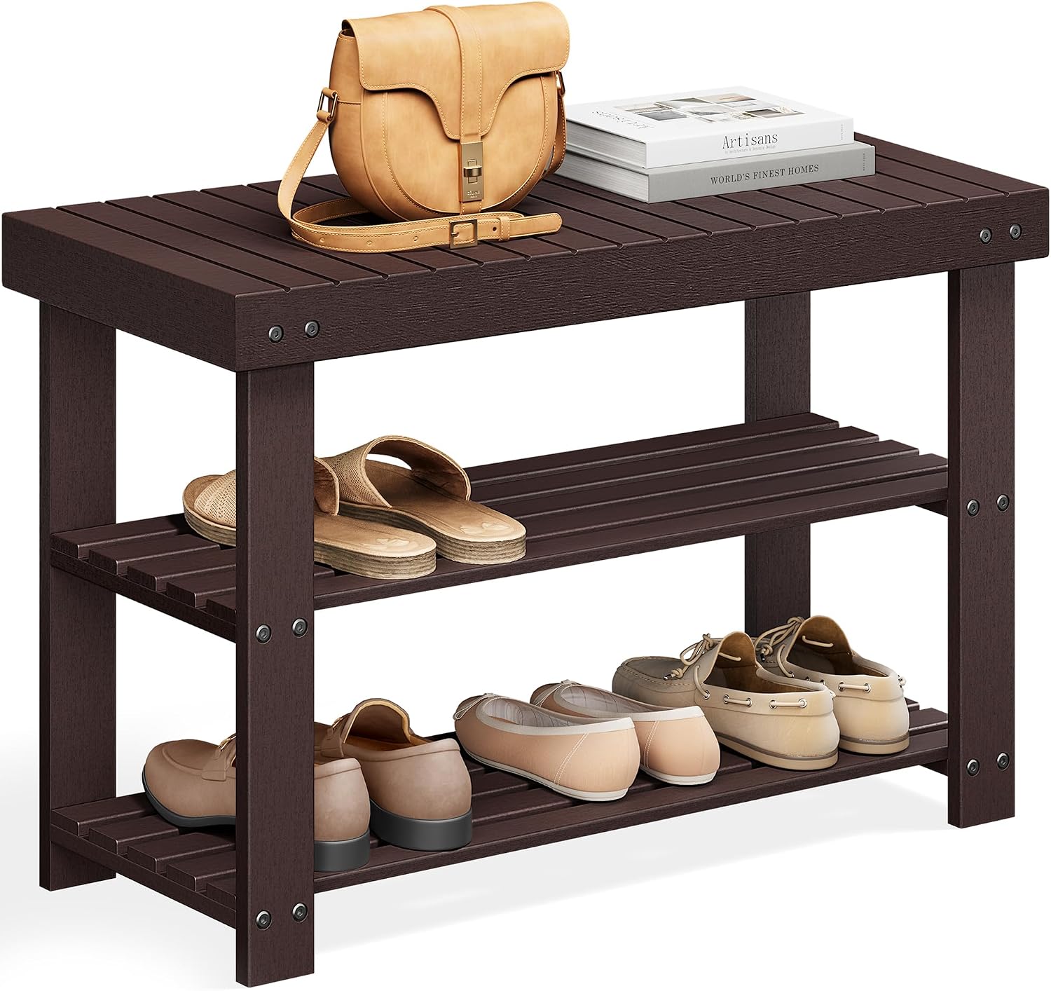 SONGMICS Shoe Rack Bench, 3-Tier Bamboo Shoe Storage Organizer, Entryway Bench, Holds Up to 286 lb, 11.3 x 35.4 x 17.8 Inches