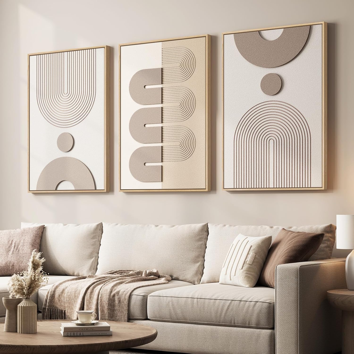 Large 3D Textured Framed Boho Modern Neutral Abstract Wall Art for Living Room, 3 Piece Black White Brown Paintings Artwork for Walls