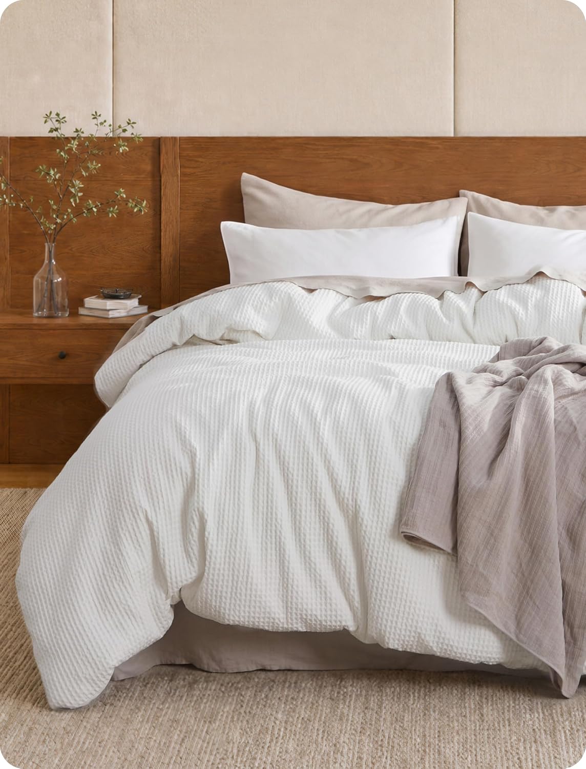 Bedsure Cotton Duvet Cover Queen - 100% Cotton Waffle Weave Coconut White Duvet Cover Queen Size, PureWoven Breathable Bedding Set for All Season