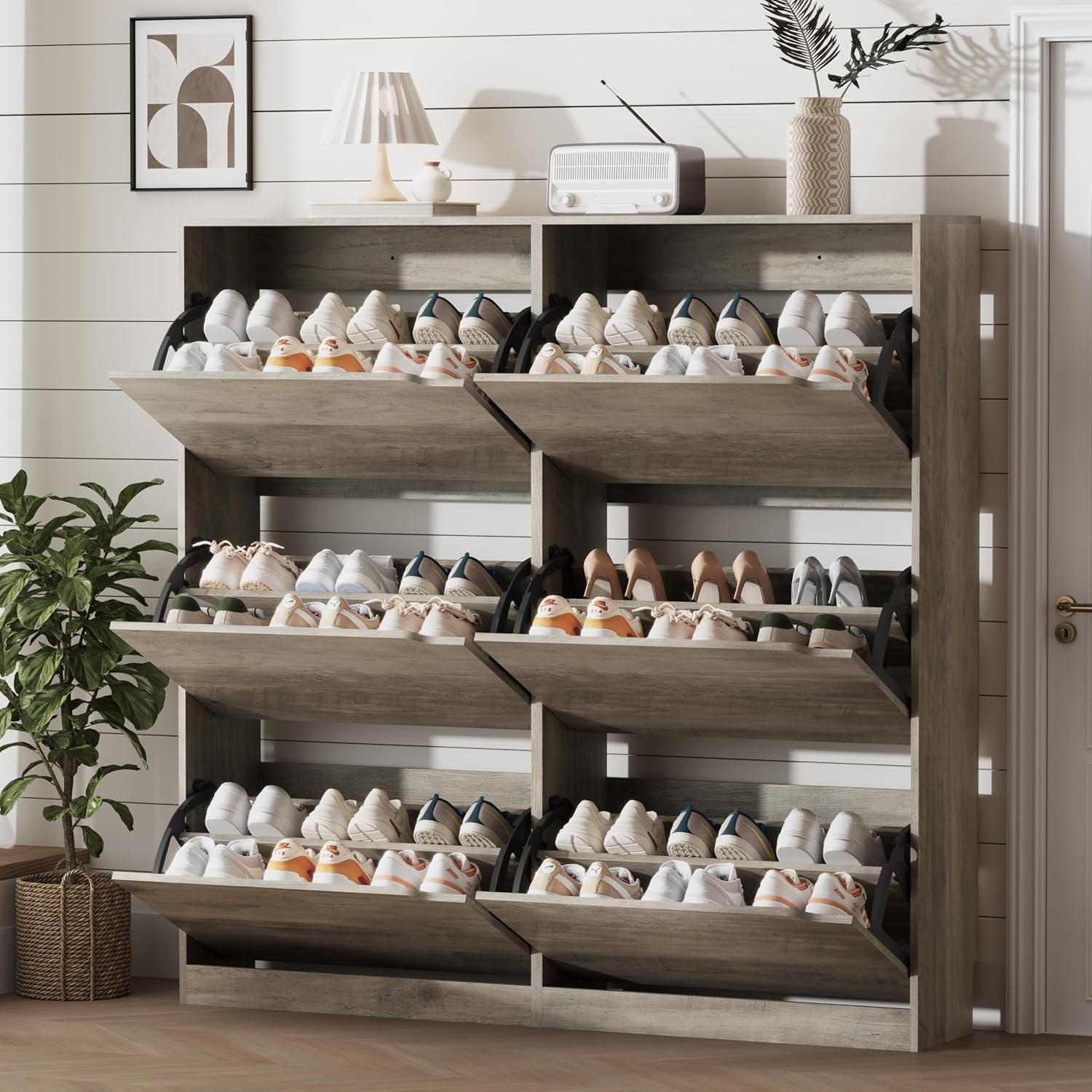 Shoe Storage Cabinet for Entryway with 3 Flip Drawers, Sturdy Wood Hidden Shoe Storage