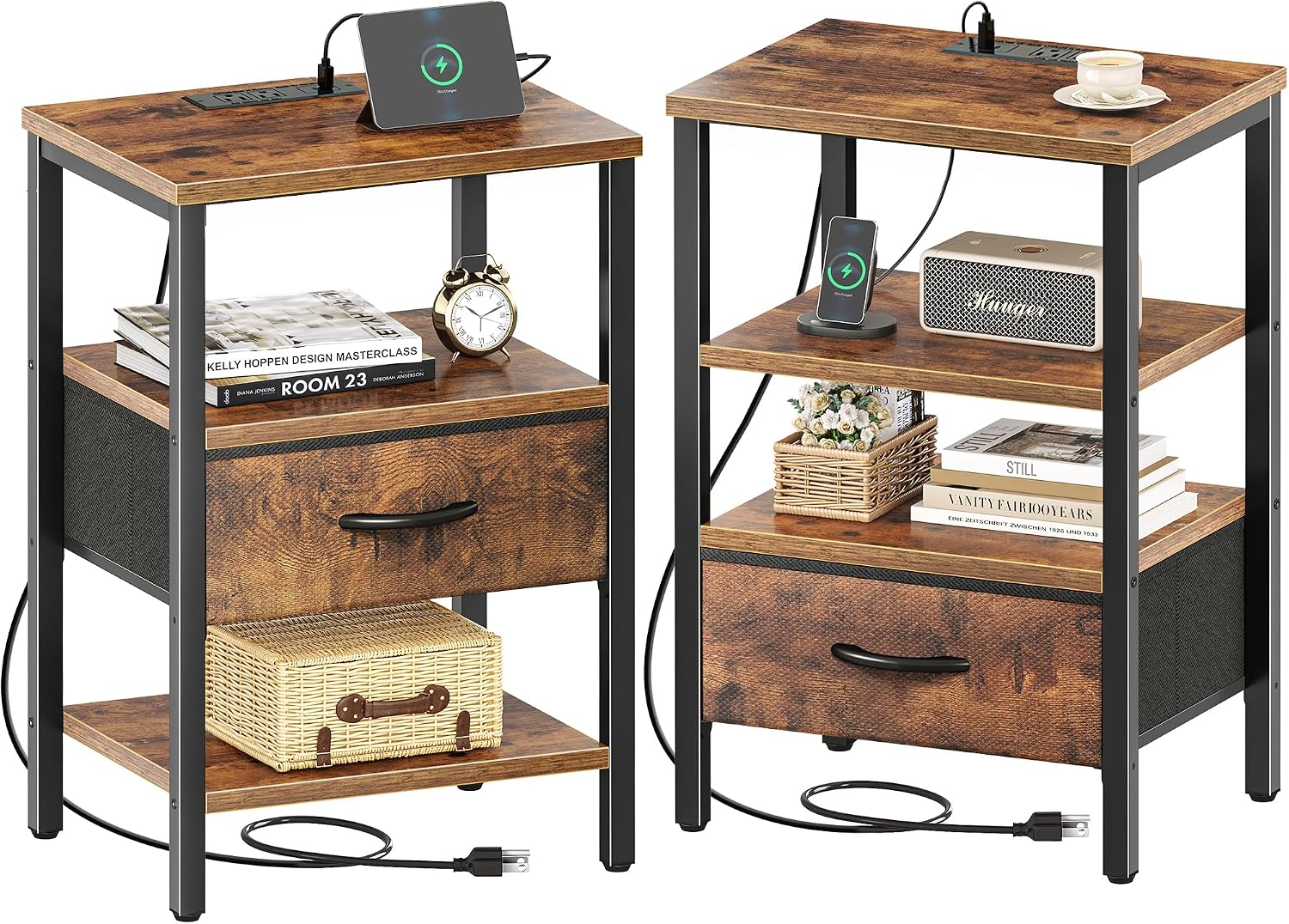 SUPERJARE Nightstand Set of 2, Bed Side Tables with Charging Station, Adjustable Fabric Drawer, Night Stand for Bedroom, 3-Tier Storage End Tables