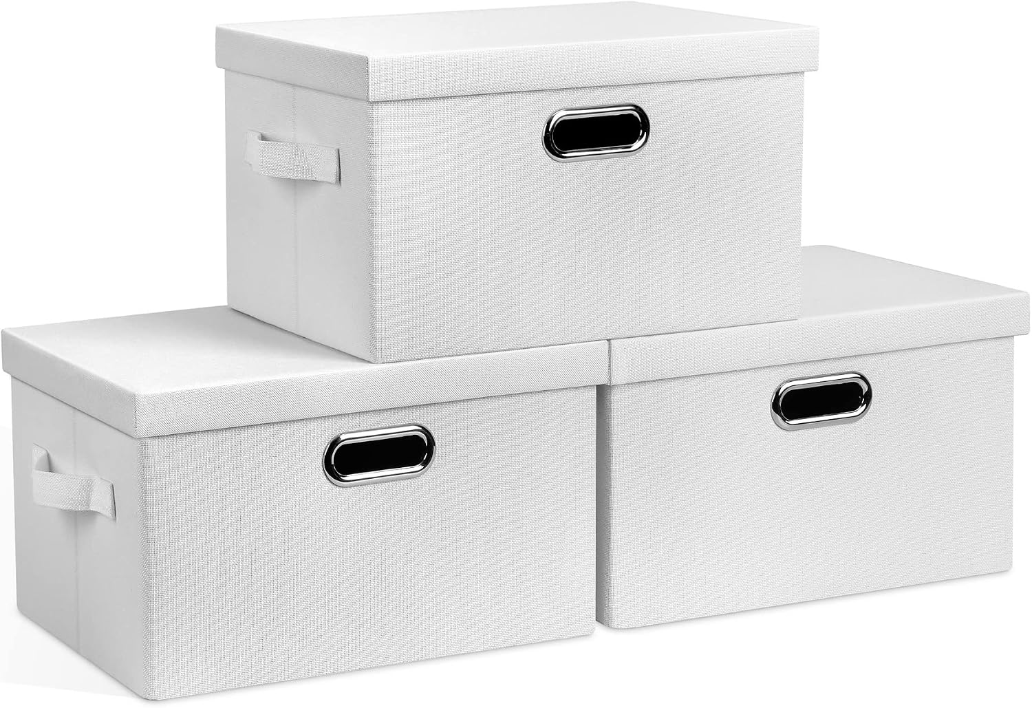 Graciadeco Large Quart Collapsible Stackable Storage Bins with Lids, 3 Packs Beige Linen Fabric Closet Boxes with Lids