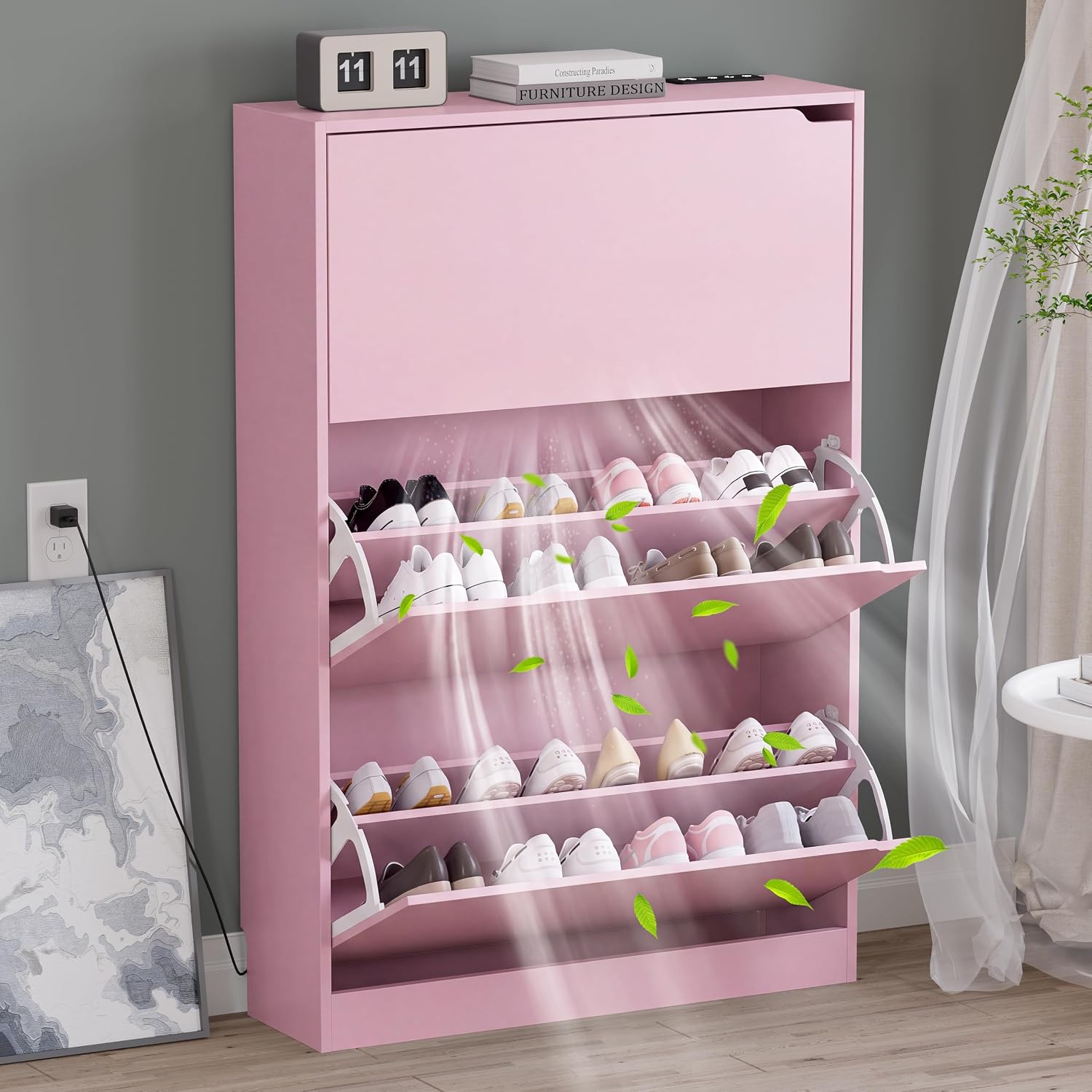 BORNOON Shoe Cabinet with 3 Flip Drawers, Hidden Wood Shoe Cabinet, Freestanding Shoe Storage Cabinet for Entryway Hallway.White. 47.2" H*31.5" W*9