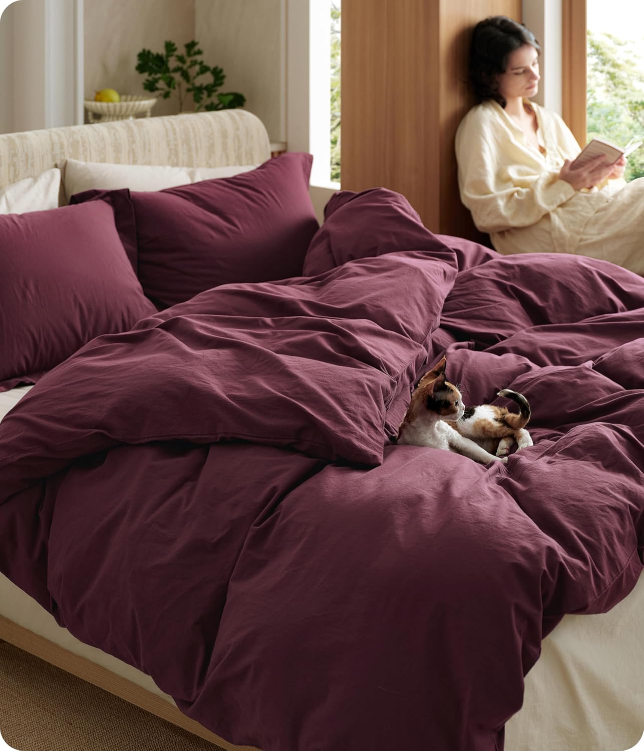 Bedsure 100% Washed Cotton Duvet Cover King Size - Sage Green Minimalist Bedding Set Linen Like - PureWoven Plain Simple and Soft Comforter Cover for