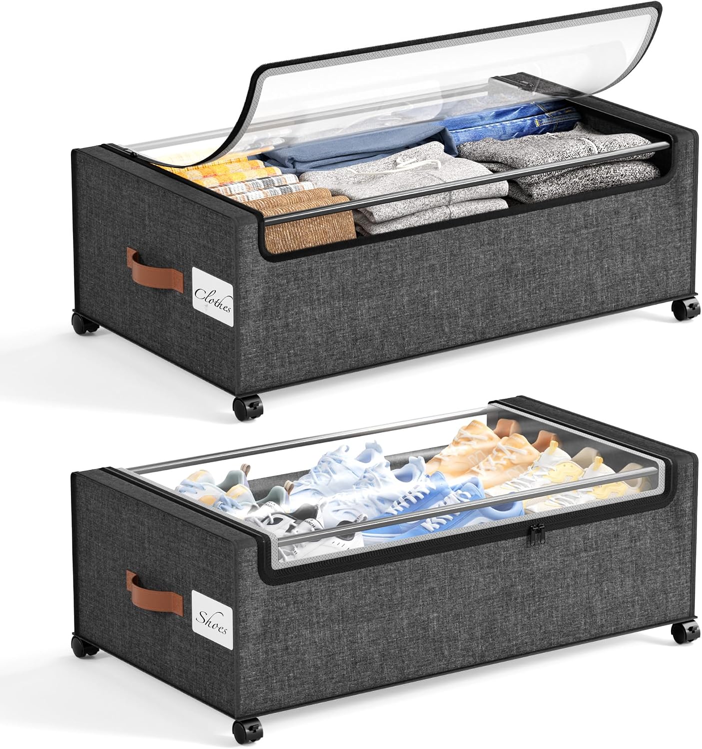 Yecaye Under Bed Storage with Wheels, 2Pack Under Bed Storage Containers, Underbed Shoe Storage Organizer, Rolling Under Bed Metal Drawers for Clothes