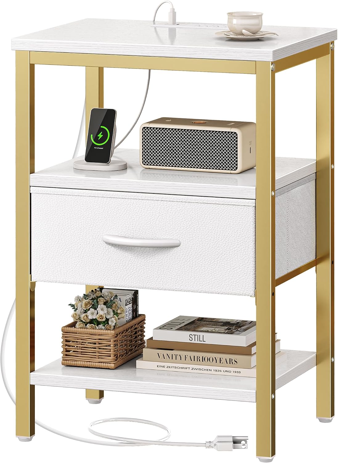 SUPERJARE Nightstand Set of 2, Bed Side Tables with Charging Station, Adjustable Fabric Drawer, Night Stand for Bedroom, 3-Tier Storage End Tables