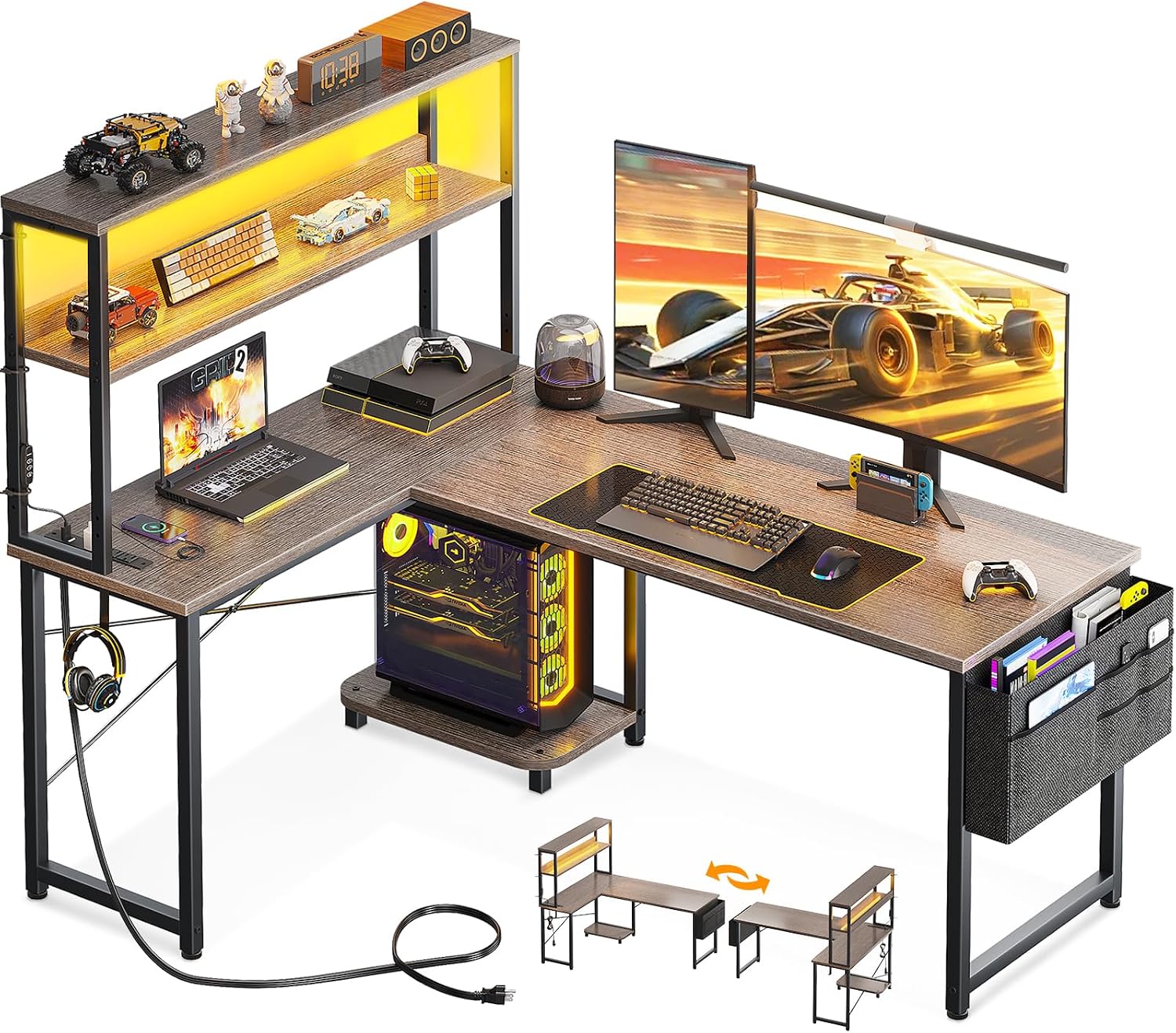 AODK L Shaped Desk Gaming Desk with LED Light and Power Outlet, 53 Inch Reversible L Shaped Computer Table with Shelf and Storage Bag and Hook for