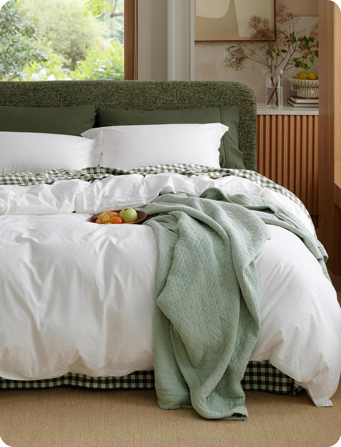 Bedsure 100% Washed Cotton Duvet Cover King Size - Sage Green Minimalist Bedding Set Linen Like - PureWoven Plain Simple and Soft Comforter Cover for