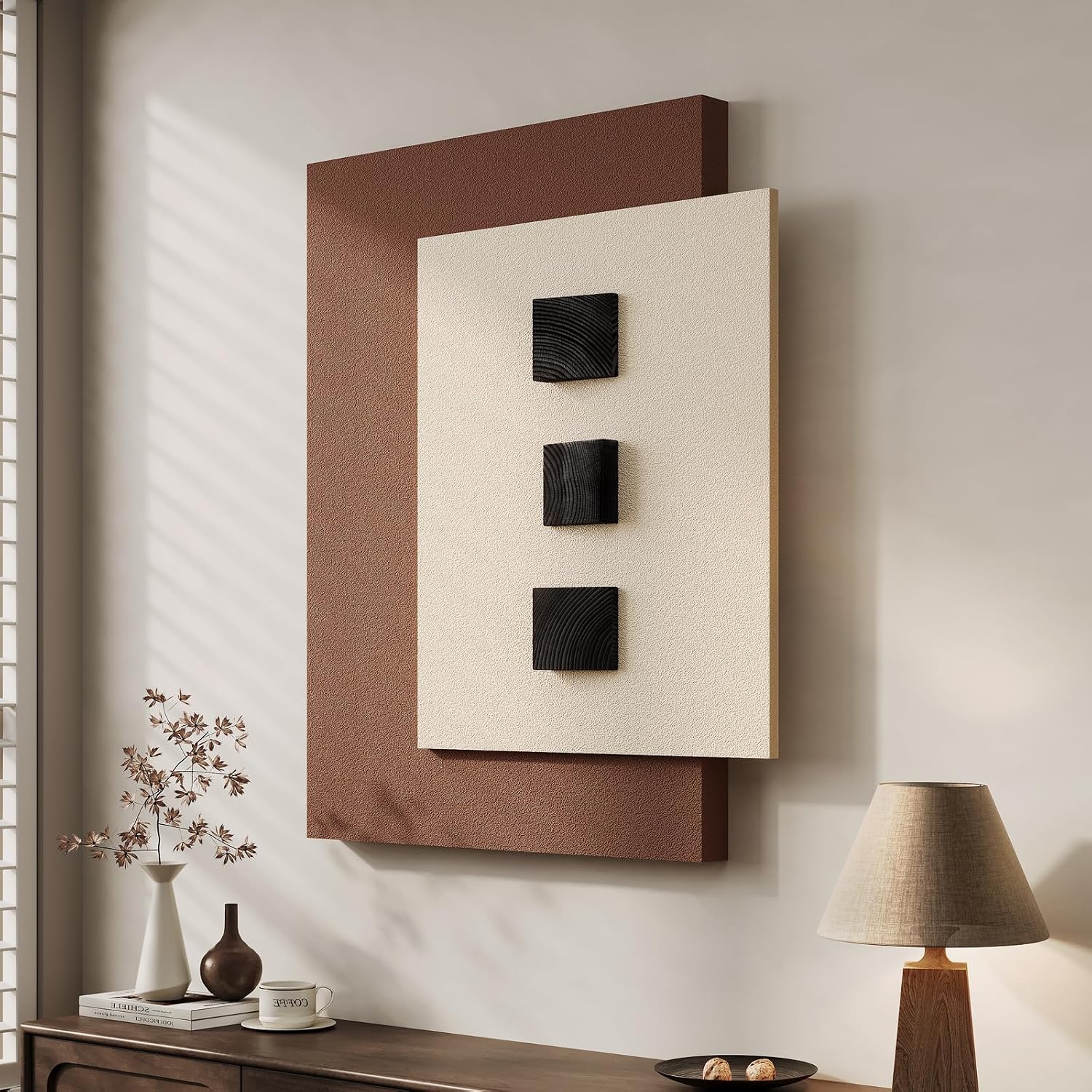 3D Wood Textured Large Neutral Abstract Wall Art, Modern Beige Brown Geometric Paintings Artwork for Walls-Minimalist Wooden Wall Art Decor for Living