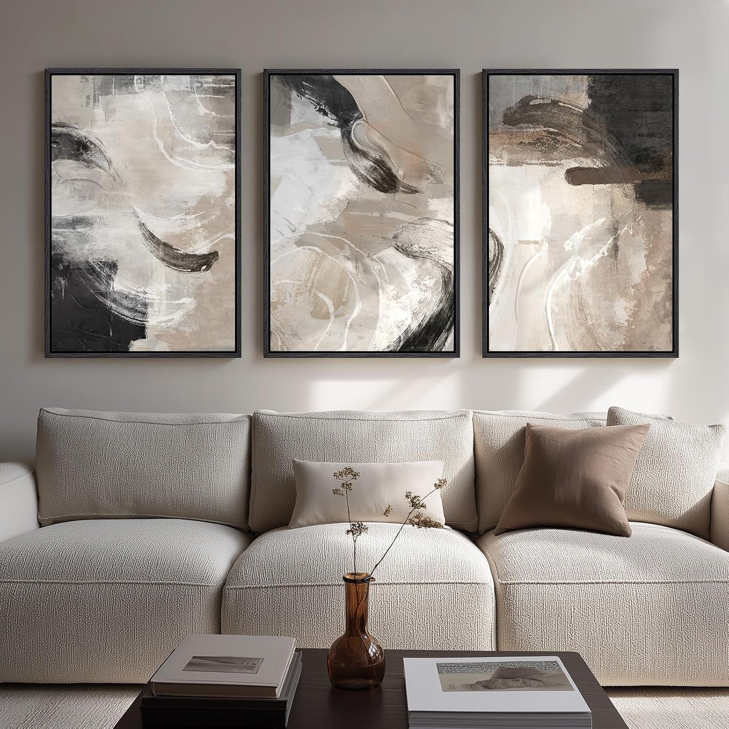 Large Framed Neutral Abstract Wall Art for Living Room, 3 Piece Modern Canvas Prints Paintings Artwork for Walls