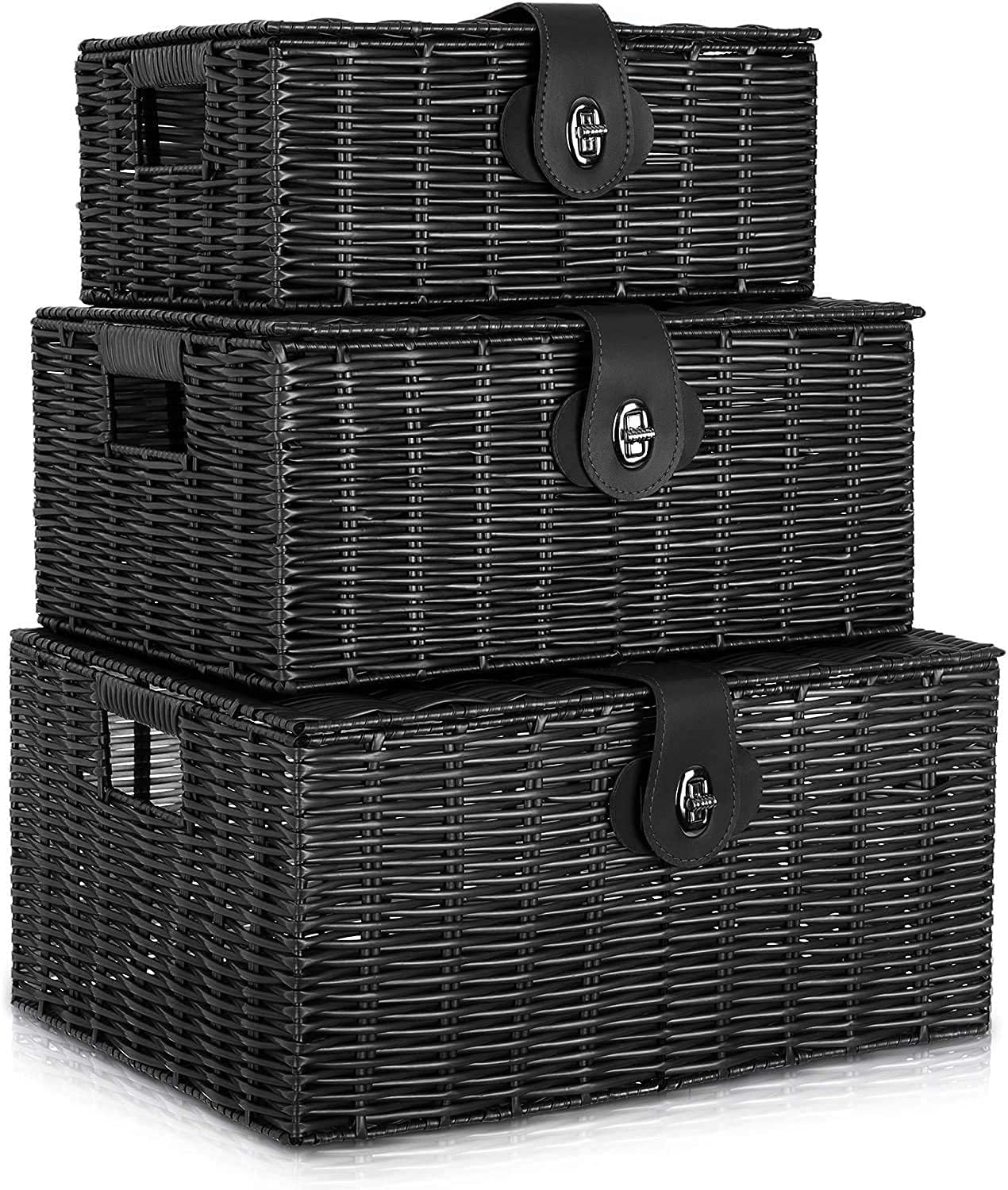 Homepeaz Set of 3 Woven Wicker Storage Basket Box with Lids and Lock, Built-in Carry Handles, Multifunctional Storage Organizer for Nursery, Baby