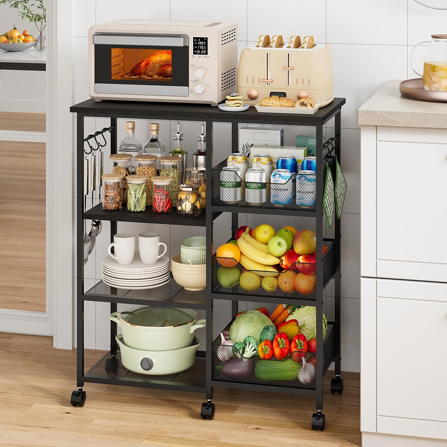 HapiRm Rolling Kitchen Carts with Storage - Microwave Table Stand with 6 Hooks and 3 Baskets, kitchen Island Cart on Lockable Wheels