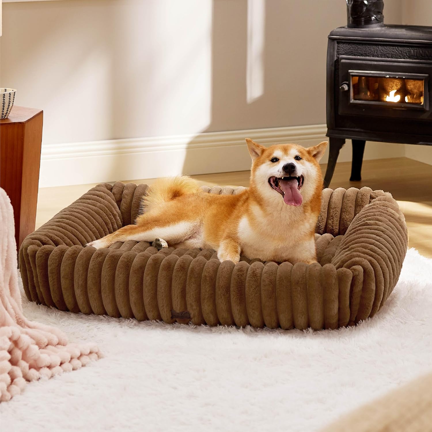 Bedsure ComfyFleece™ Cute Dog Beds Large Sized Dog Washable, 36in Blush Pink, Furry Big Square Pet Beds, Washable Aesthetic