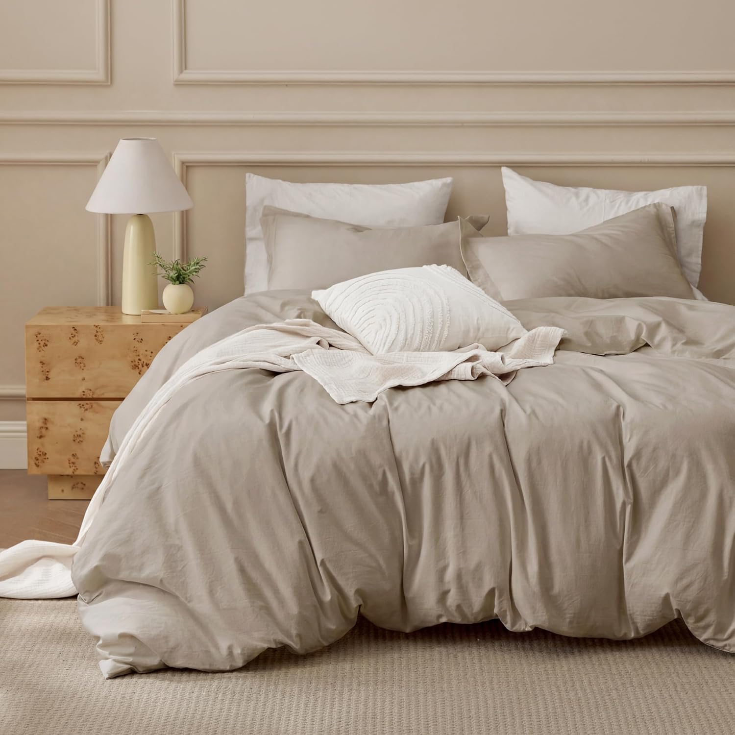 Bedsure 100% Washed Cotton Duvet Cover King Size - Sage Green Minimalist Bedding Set Linen Like - PureWoven Plain Simple and Soft Comforter Cover for