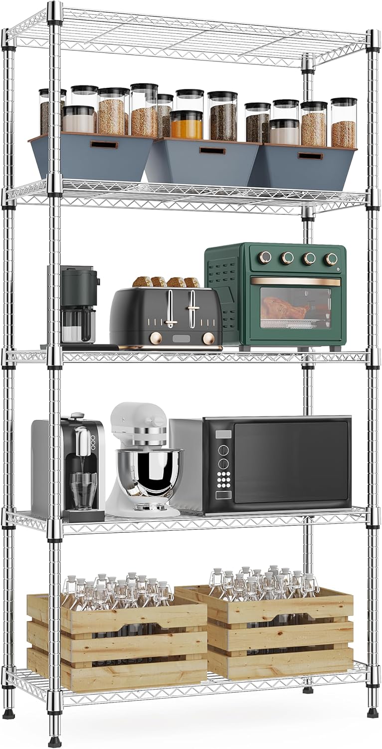M MZG 1250 lbs 5 Tier Shelf Metal Storage Shelves Wire Rack Closet Organizers with Wheel for Garage Kitchen Bathroom Laundry Chrome 13.7" D x 23.6" W