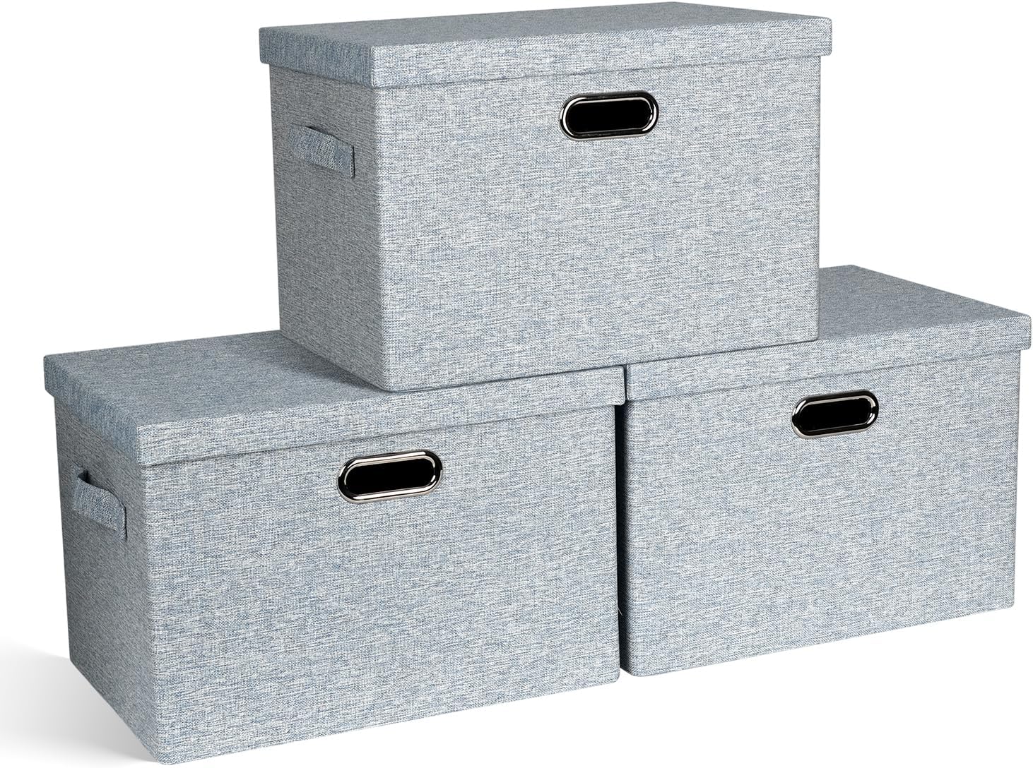 Graciadeco Large Quart Collapsible Stackable Storage Bins with Lids, 3 Packs Beige Linen Fabric Closet Boxes with Lids