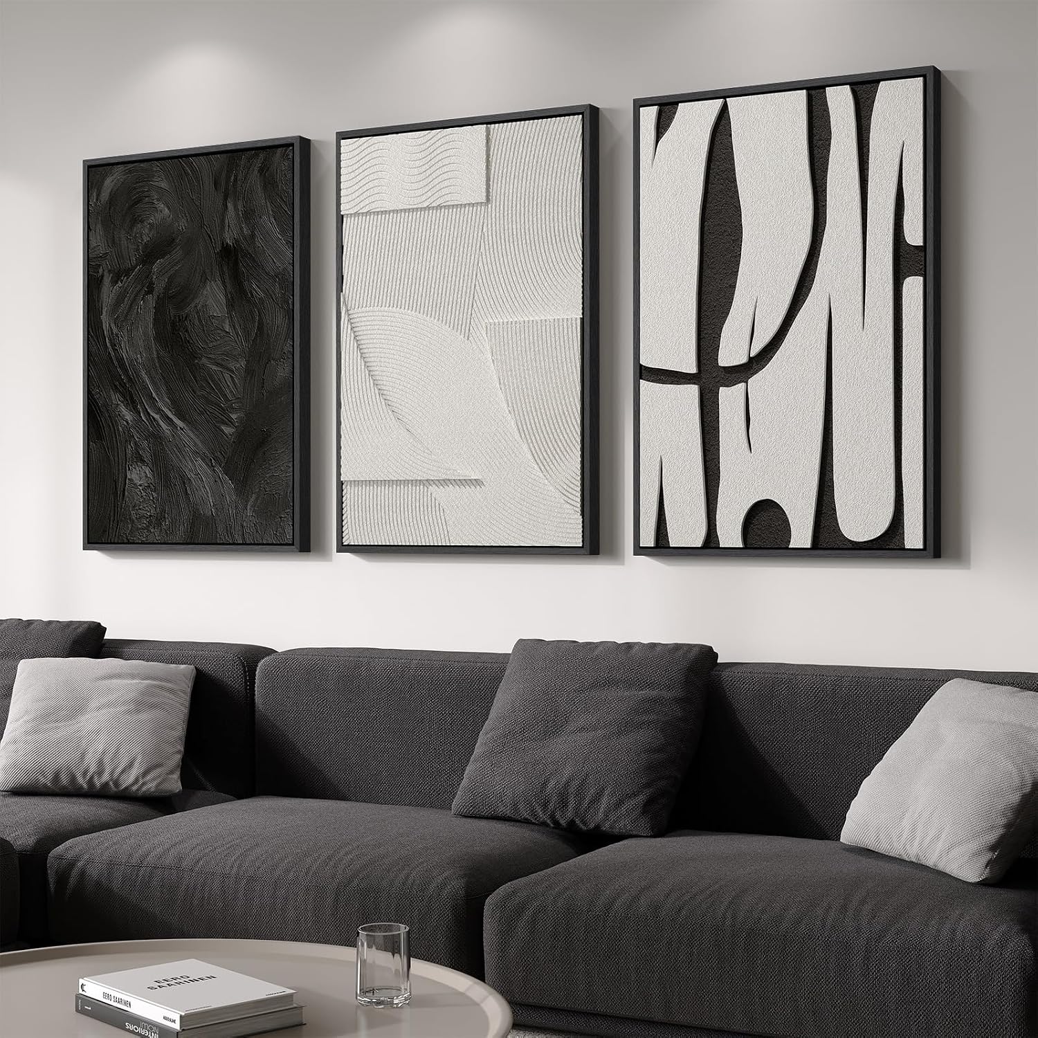 Large 3D Textured Framed Boho Modern Neutral Abstract Wall Art for Living Room, 3 Piece Black White Brown Paintings Artwork for Walls