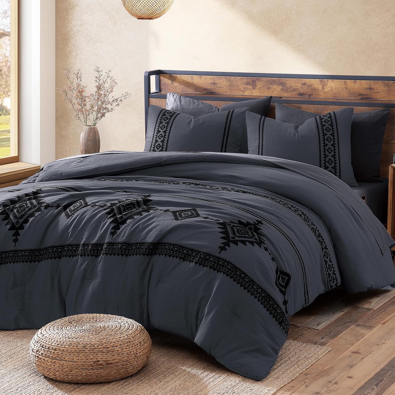 MaiRêve Embroidery Comforter Set Queen Size - 7 Piece, White Boho Western Bedding All Season Bed in A Bag, Farmhouse Queen Comforter Set with Sheets