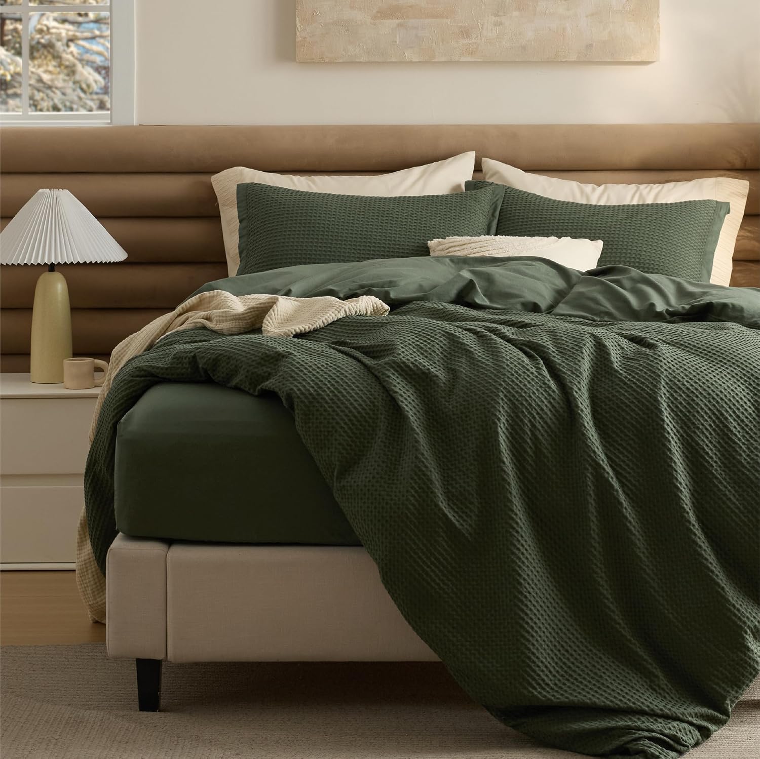 Bedsure Cotton Duvet Cover Queen - 100% Cotton Waffle Weave Coconut White Duvet Cover Queen Size, PureWoven Breathable Bedding Set for All Season