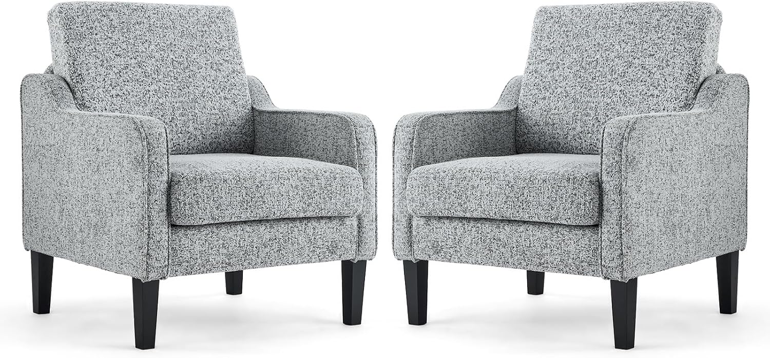 VINGLI Mid Century Modern Accent Chair, Light Grey Fabric Accent Chairs for Living Room Upholstered Armchair with Scooped Arms for Bedroom, Apartment
