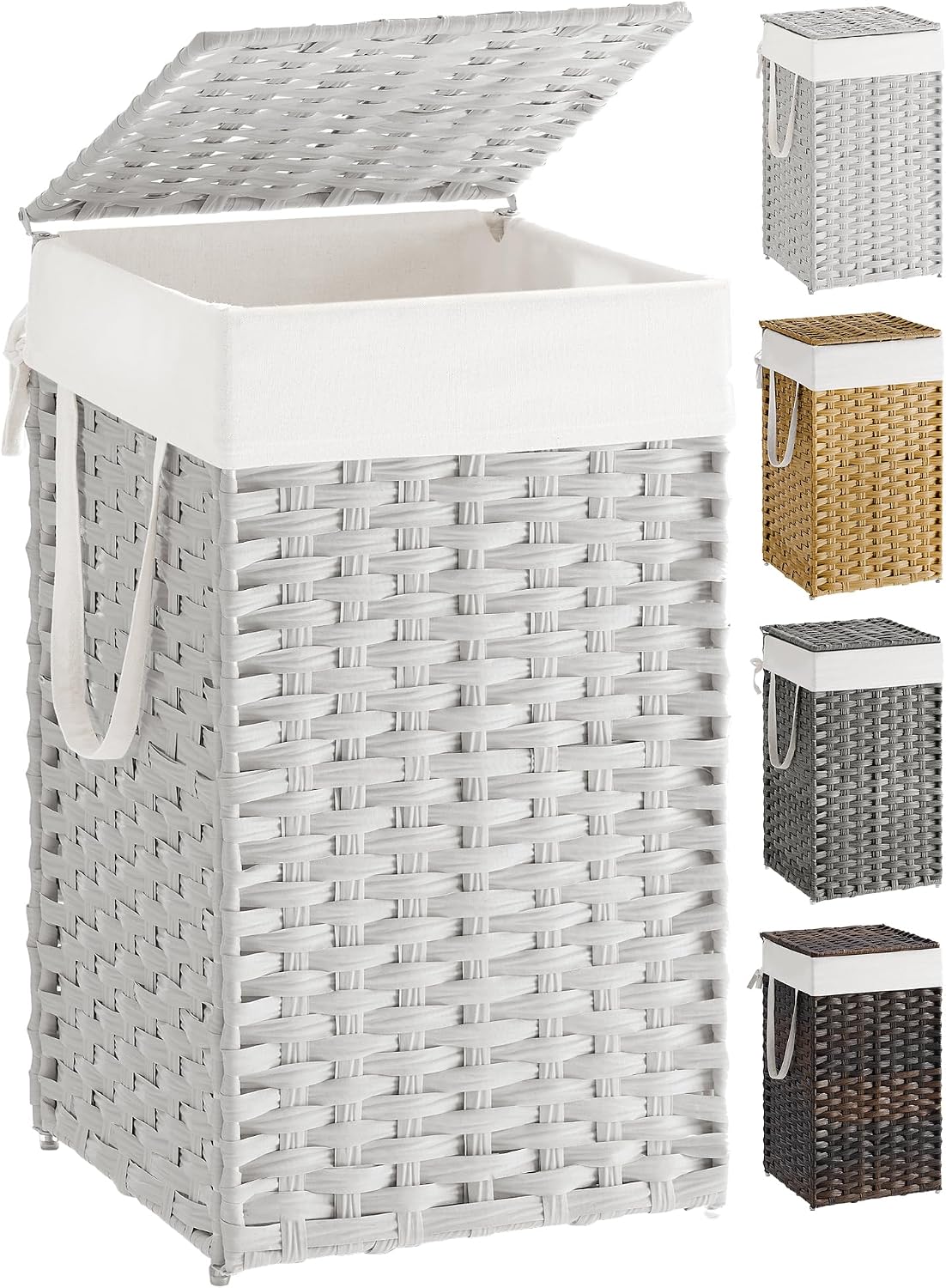 SONGMICS Laundry Hamper with Lid, 23.8 Gallon (90 L) Synthetic Rattan Clothes Laundry Basket with Lid and Handles, Foldable, Removable Liner