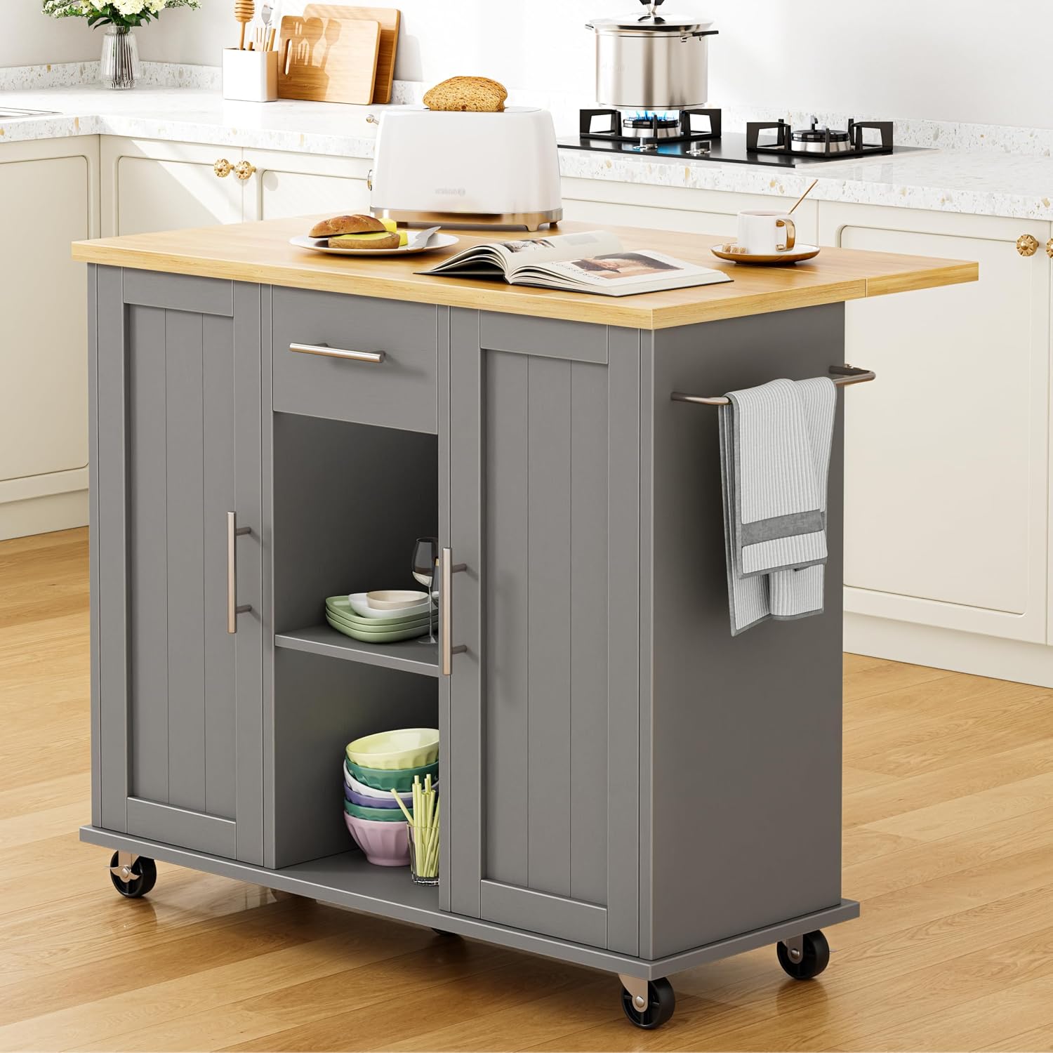 Shintenchi Kitchen Island cart with Storage, Portable Bar Cabinet on Wheels, Rolling Microwave Cart Side Table with Workstation for Kitchen, Black
