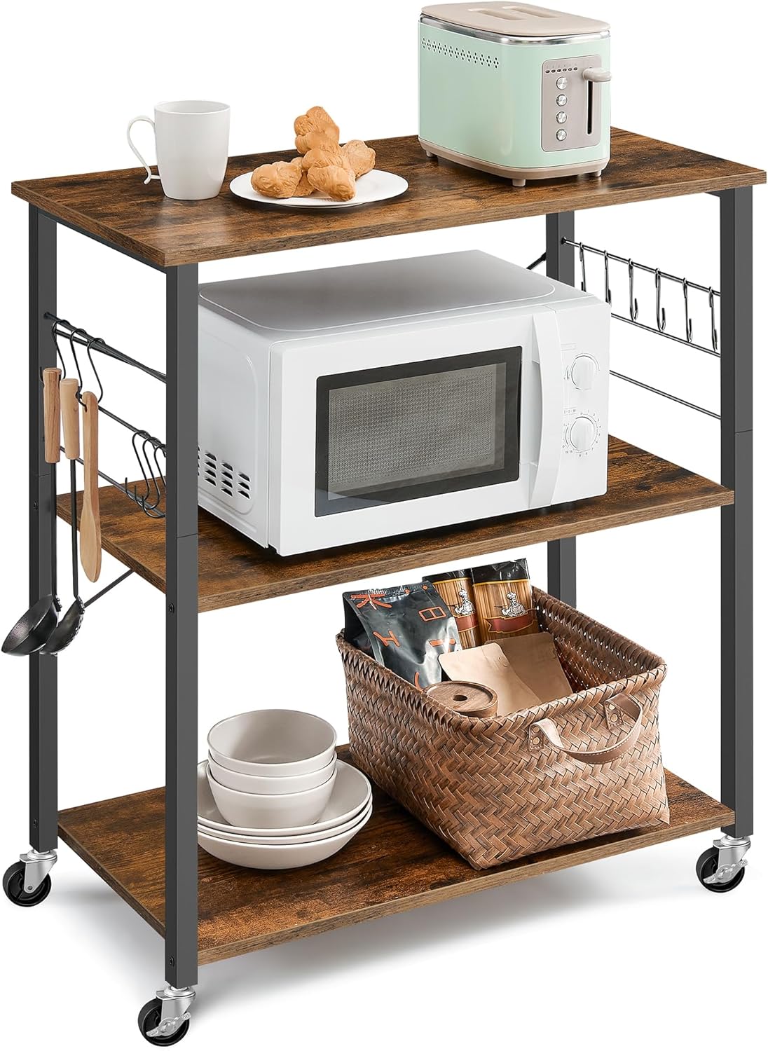VASAGLE Kitchen Shelf on Wheels, 31.5 Inches Serving Cart with 3 Shelves, Kitchen Cart, Microwave Shelf, for Mini Oven, Toaster, with 6 Hooks