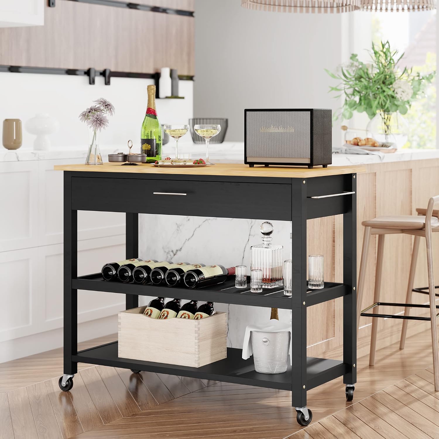Shintenchi Kitchen Island Cart with Storage, Rolling Kitchen Island Side Table on Wheels with Large Worktop, Storage Cabinet, Towel Rack