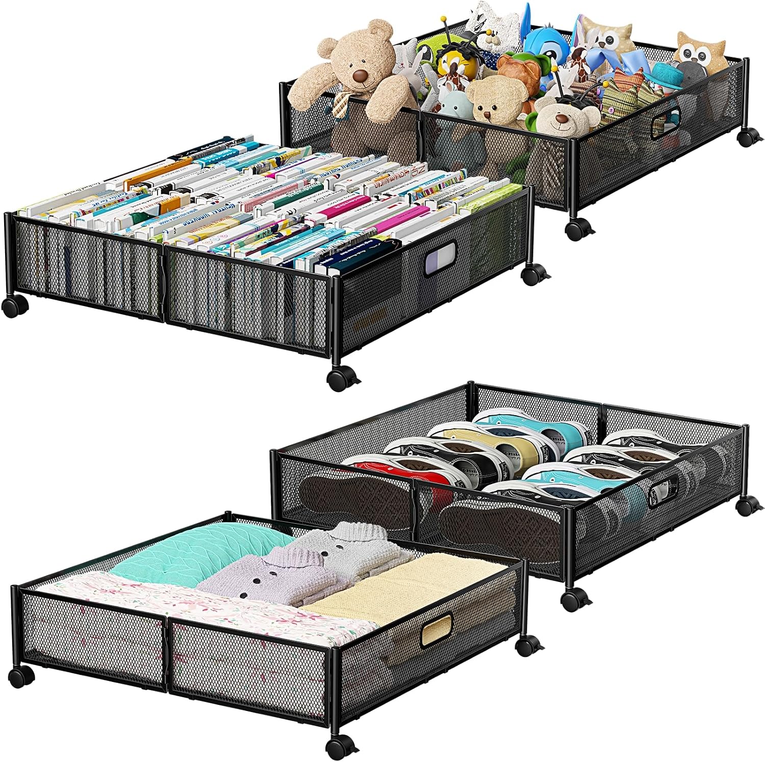 Under Bed Stroage Container with wheels, Patterned, Metal, 2 Pack, Black, Tool-free assembly, glide smoothly, easy reach, foldable