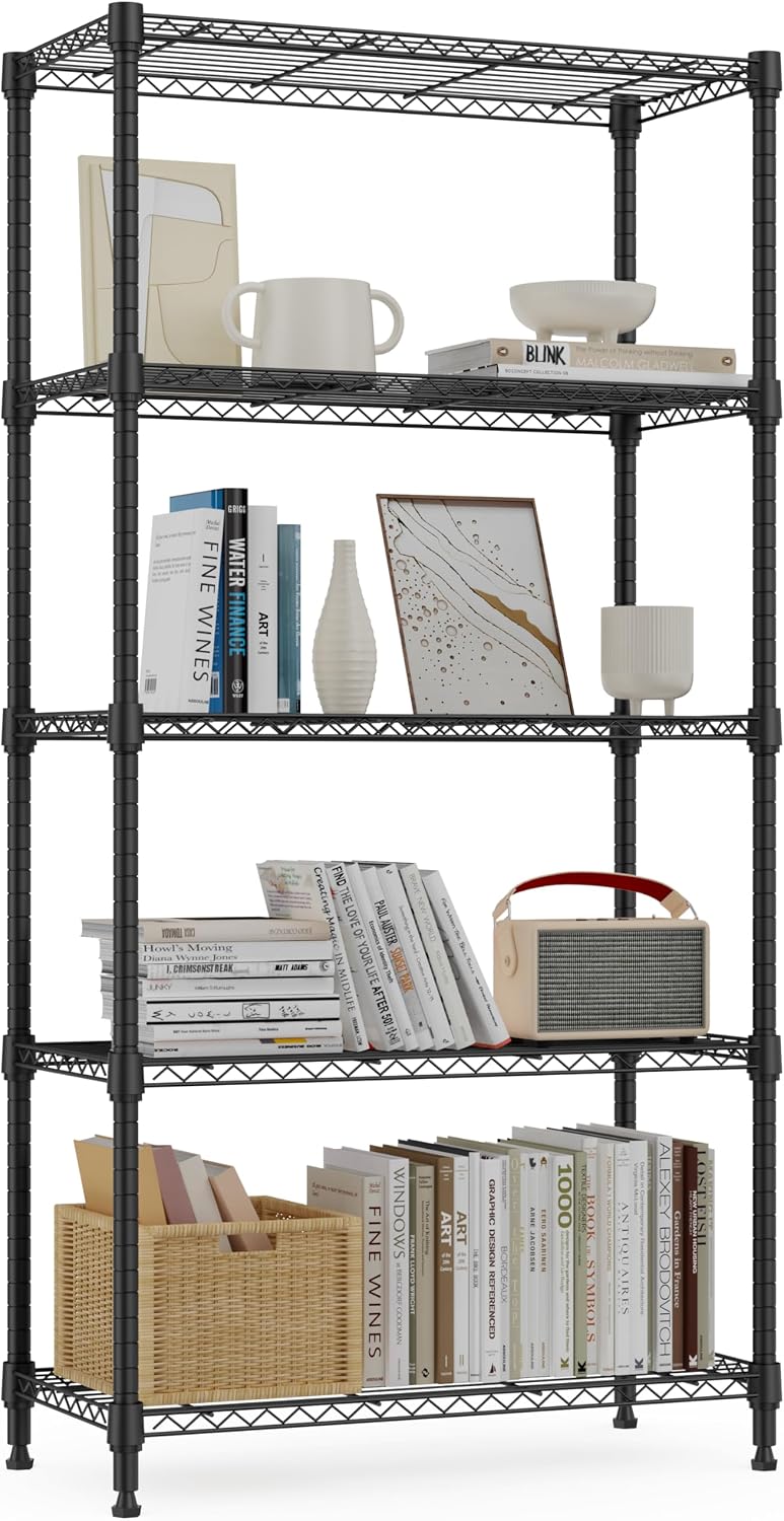 M MZG 5-Shelf Storage Shelves, Wire Shelving Heavy Duty Metal Storage Shelving Unit Adjustable Garage Shelving Rack Pantry Kitchen (Chrome, 5 Tier