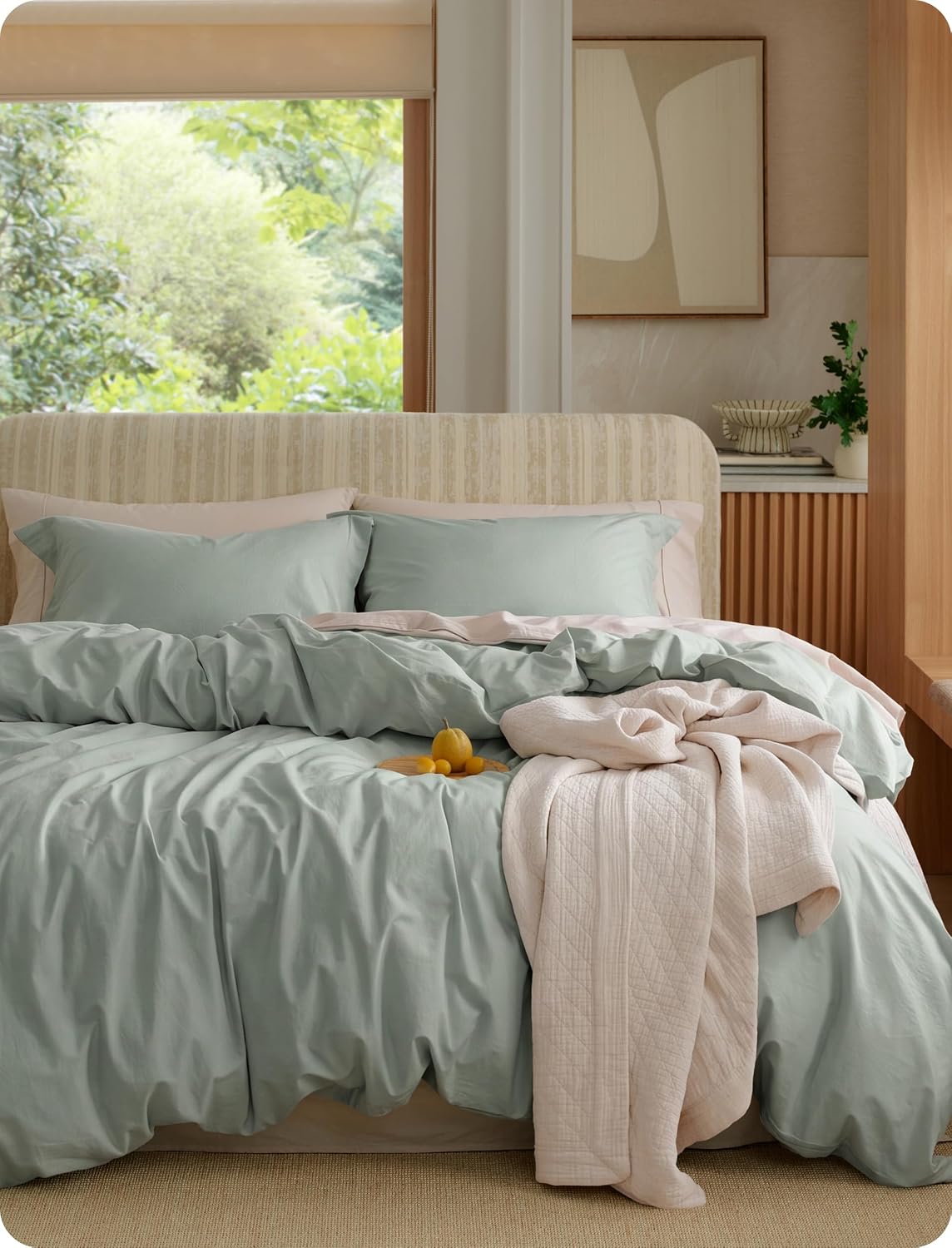 Bedsure 100% Washed Cotton Duvet Cover King Size - Sage Green Minimalist Bedding Set Linen Like - PureWoven Plain Simple and Soft Comforter Cover for