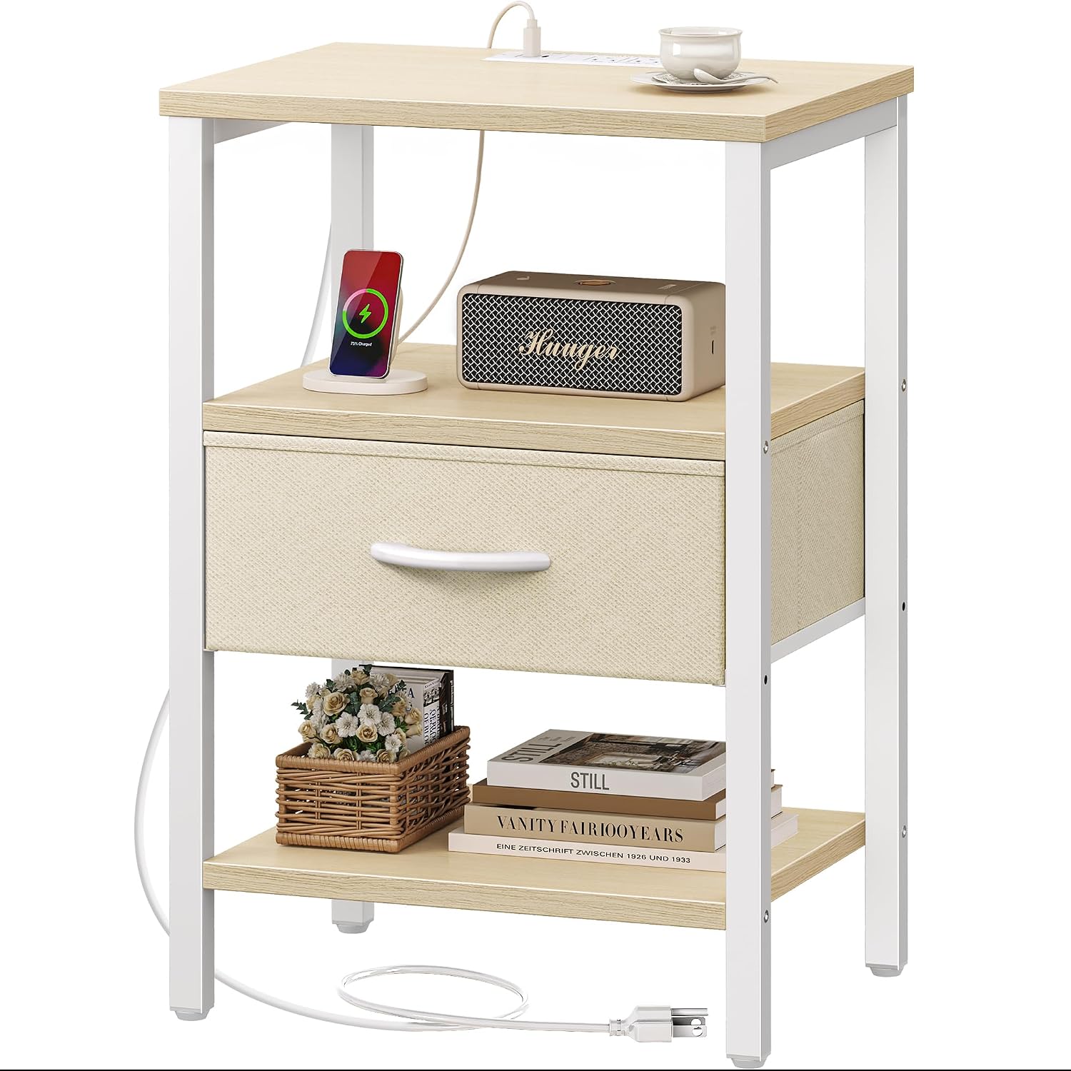 SUPERJARE Nightstand Set of 2, Bed Side Tables with Charging Station, Adjustable Fabric Drawer, Night Stand for Bedroom, 3-Tier Storage End Tables