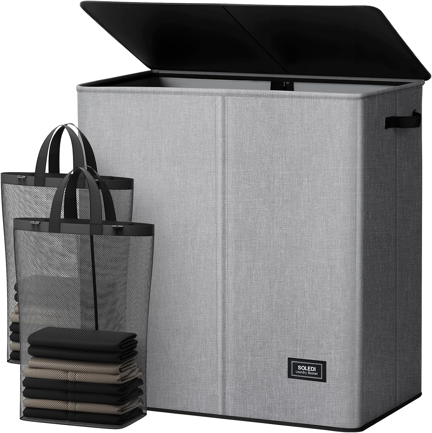 SOLEDI Luxury Double Laundry Hamper with Lid and Removable Bags, 38.3 Gal Large Laundry Bin, Laundry Basket 2 Sections