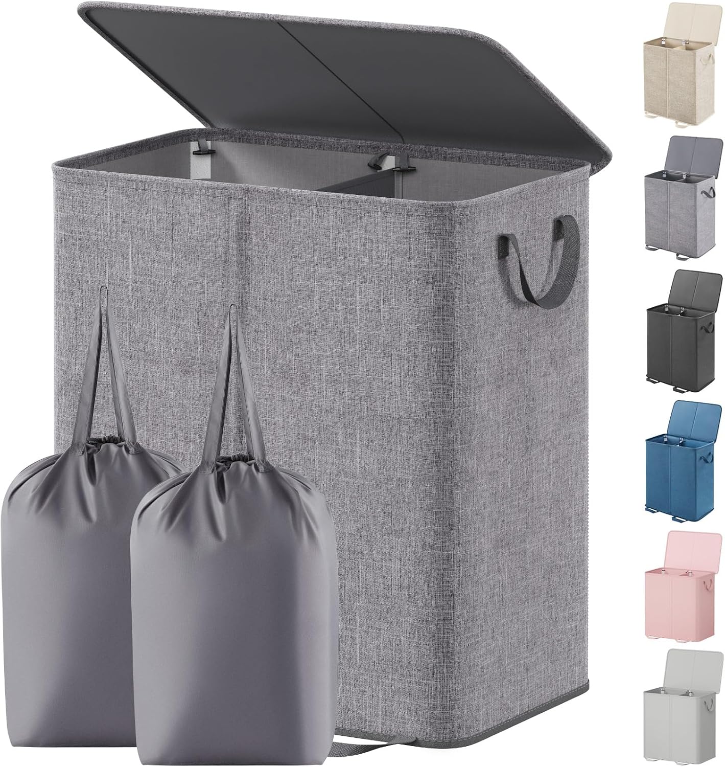Lifewit Double Laundry Hamper with Lid and Removable Laundry Bags, Large Collapsible 2 Dividers Dirty Clothes Basket with Handles for Bedroom Laundry