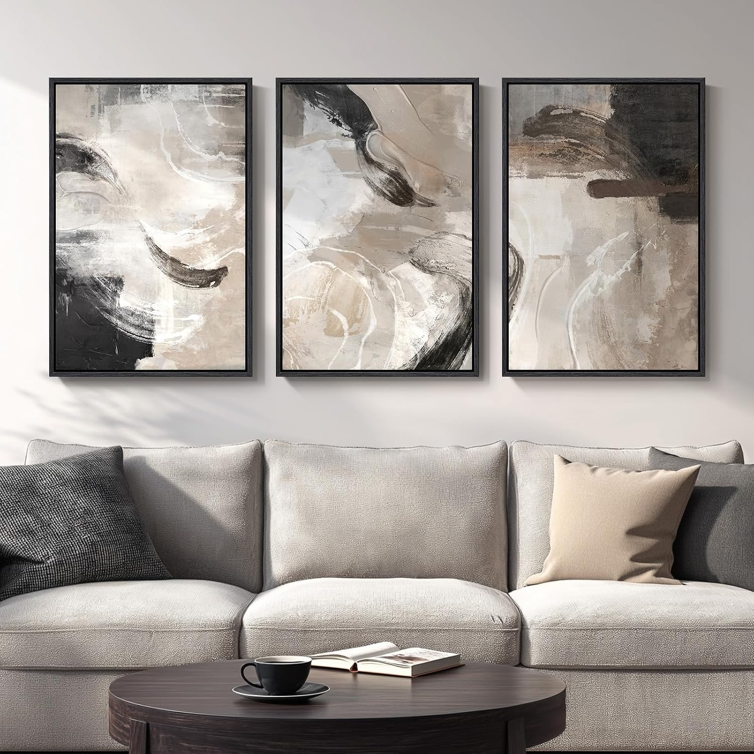Large Framed Neutral Abstract Wall Art for Living Room, 3 Piece Modern Canvas Prints Paintings Artwork for Walls