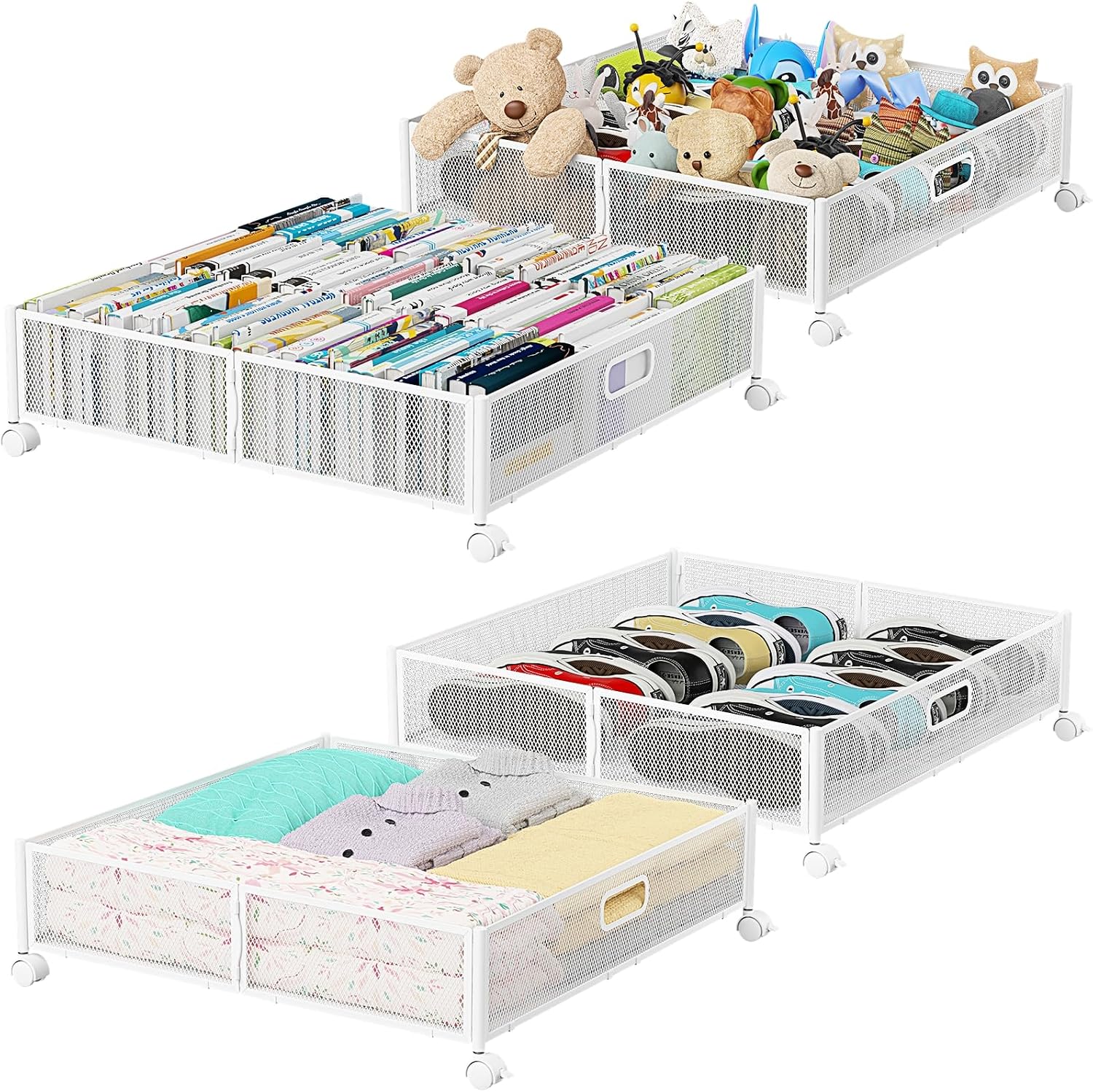Under Bed Stroage Container with wheels, Patterned, Metal, 2 Pack, Black, Tool-free assembly, glide smoothly, easy reach, foldable