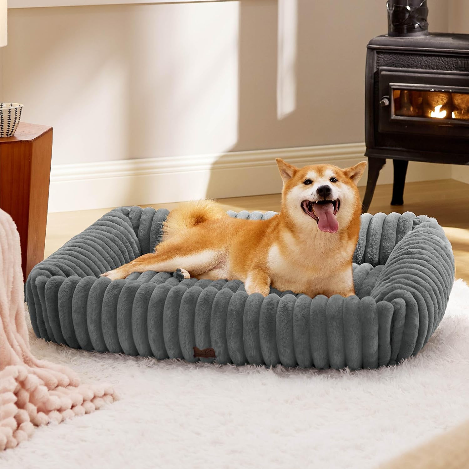 Bedsure ComfyFleece™ Cute Dog Beds Large Sized Dog Washable, 36in Blush Pink, Furry Big Square Pet Beds, Washable Aesthetic