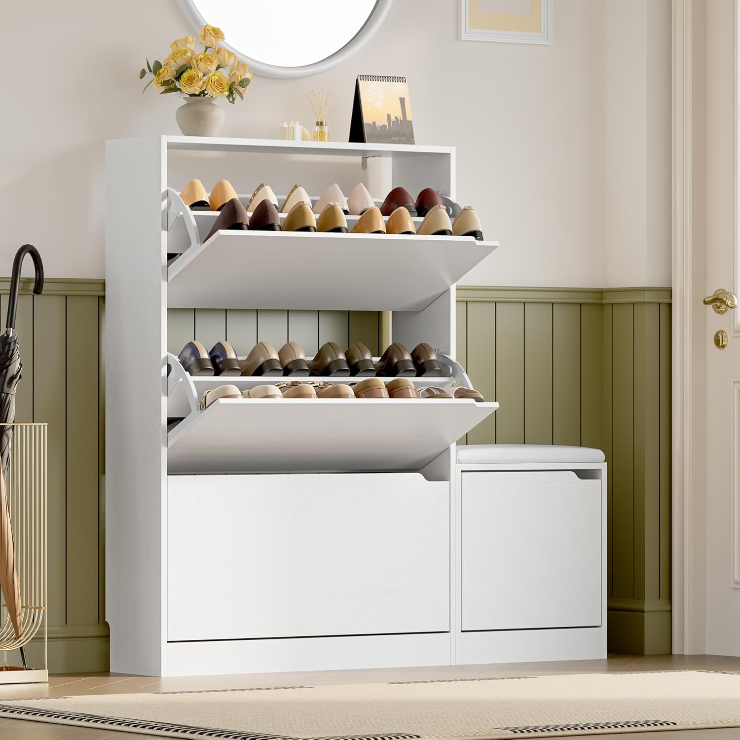 BORNOON Shoe Cabinet with Odor Control and Back Panels, Deodorizing Slim 3-Flip Shoe Storage Cabinet for Entryway