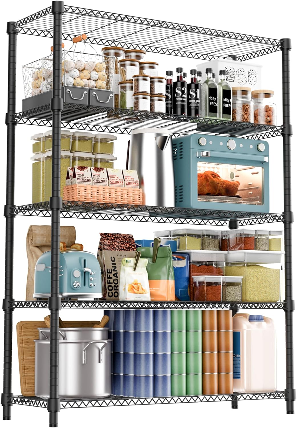 M MZG 1250 lbs 5 Tier Shelf Metal Storage Shelves Wire Rack Closet Organizers with Wheel for Garage Kitchen Bathroom Laundry Chrome 13.7" D x 23.6" W
