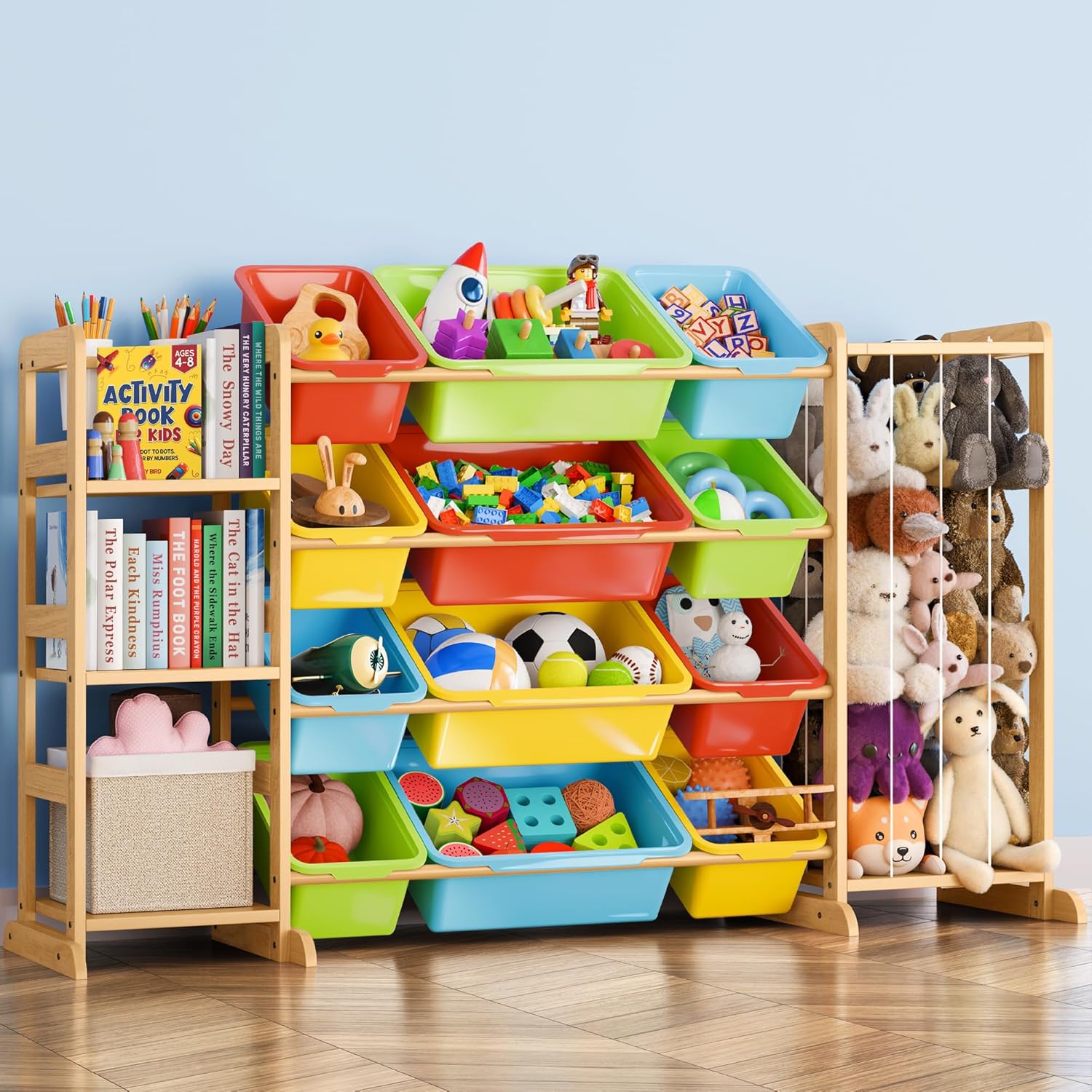 Toy Storage Organizer with Bookshelf and Stuffed Animal Storage - Playroom Organization with Shelves and 16 Bins - Living Room Box for Lego - Nursery