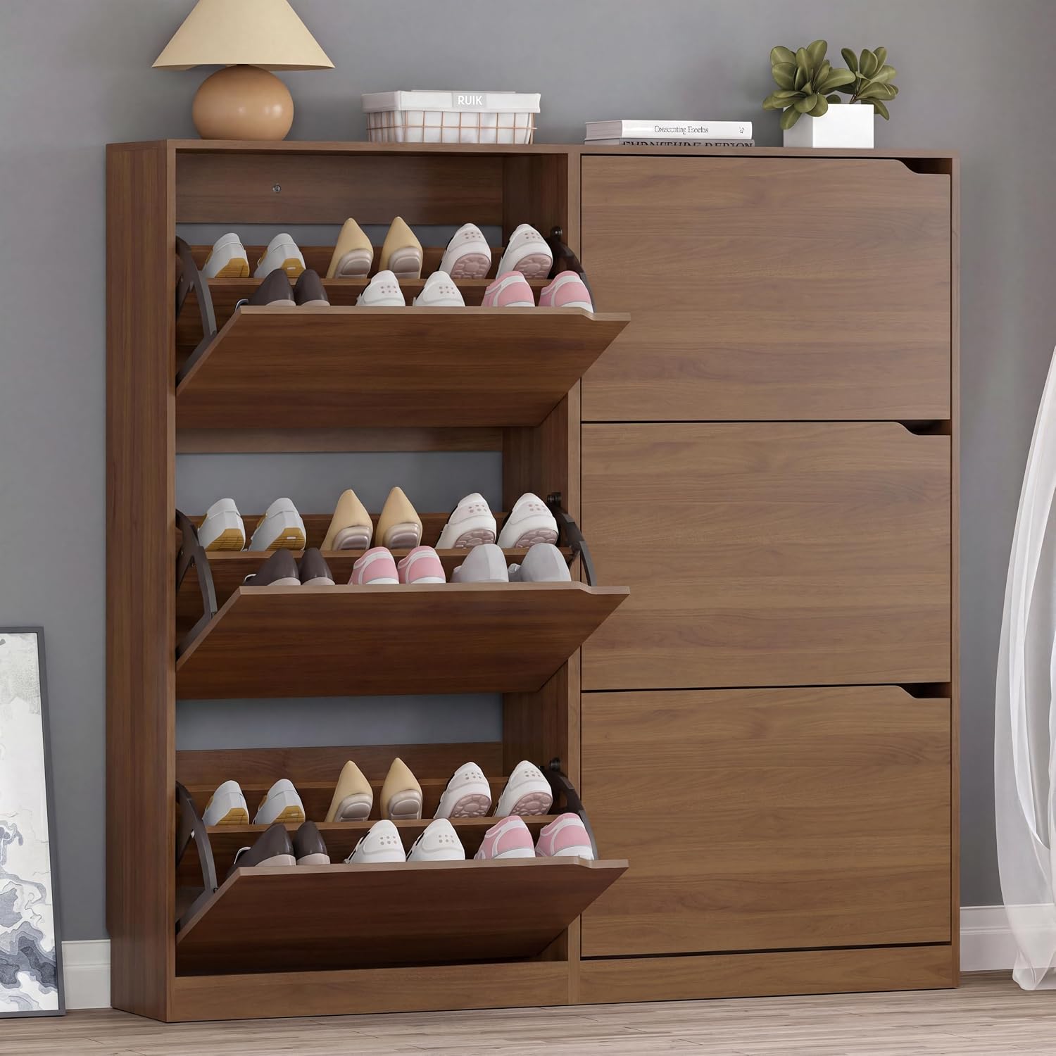 BORNOON Shoe Cabinet with 3 Flip Drawers, Hidden Wood Shoe Cabinet, Freestanding Shoe Storage Cabinet for Entryway Hallway.White. 47.2" H*31.5" W*9