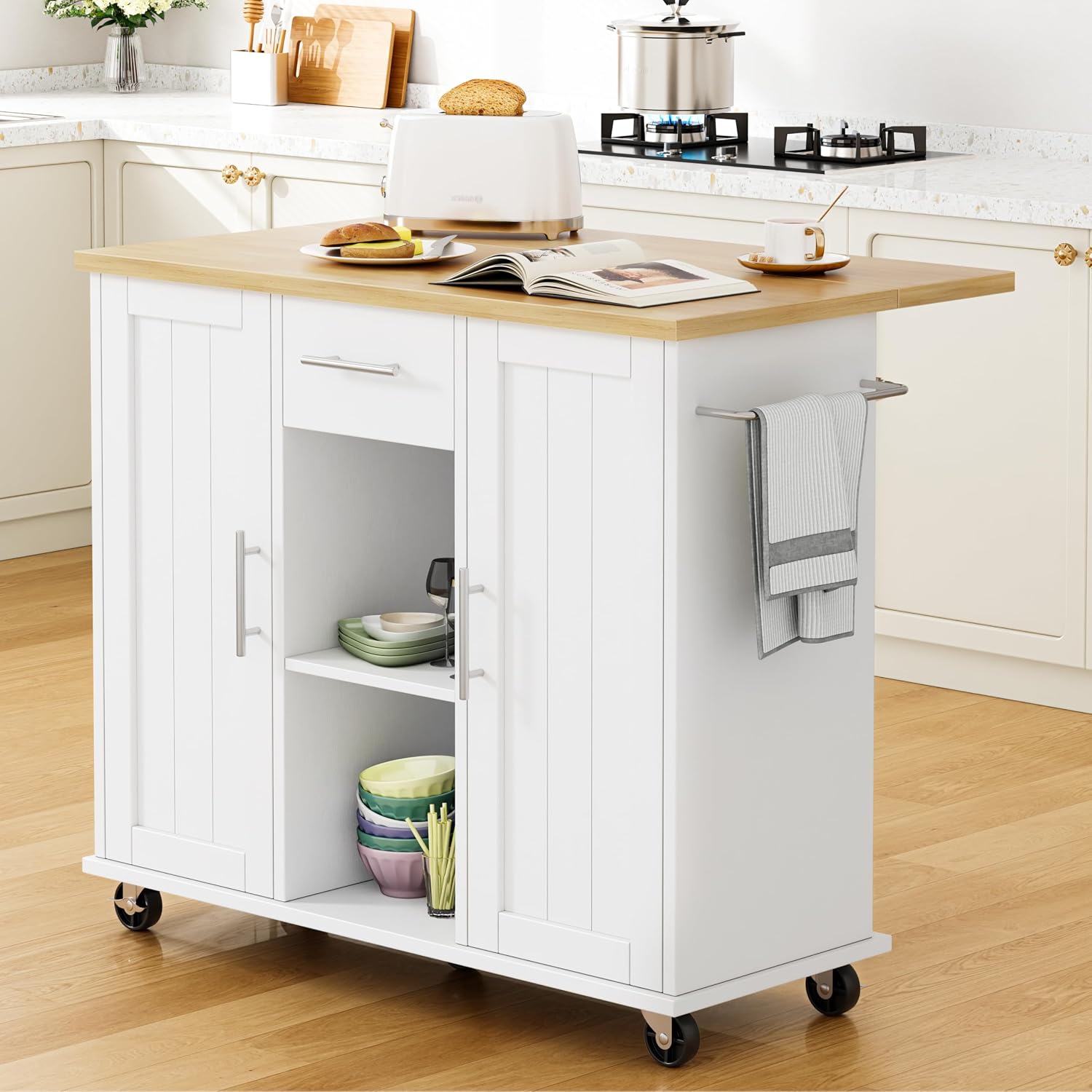 Shintenchi Kitchen Island cart with Storage, Portable Bar Cabinet on Wheels, Rolling Microwave Cart Side Table with Workstation for Kitchen, White