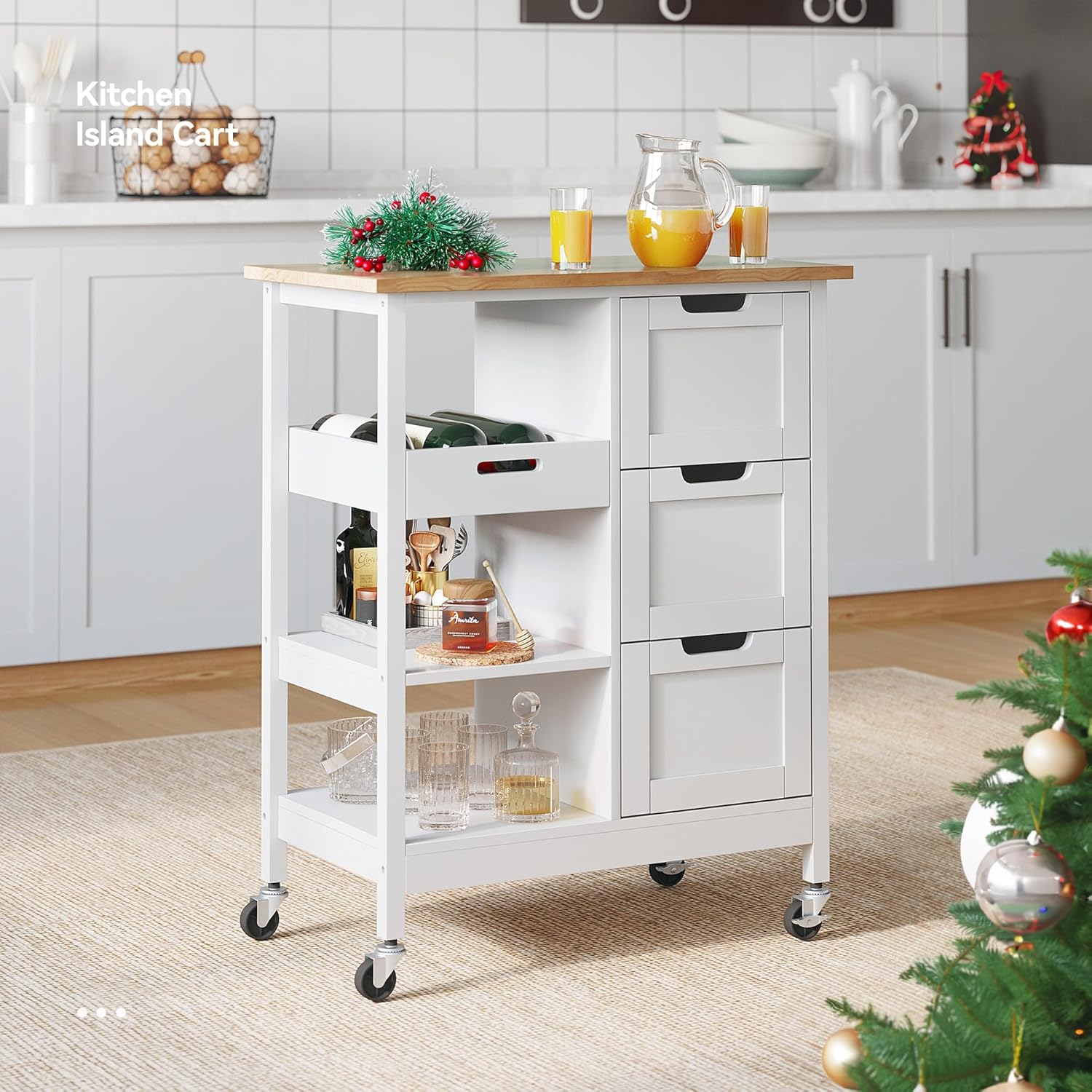 YITAHOME Small Solid Wood Top Kitchen Island Cart on Wheels with Storage, Rolling Portable Dining Room Serving Utility Carts Mobile Movable with 3
