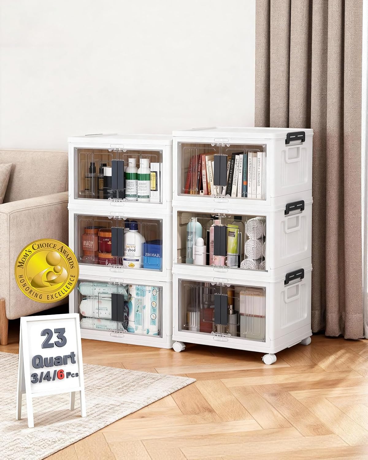OlarHike 144QT Lockable Storage Bins with Lids - Folding Cabinet with Doors and Wheels, Collapsible Plastic Drawers for Dorm, Closets, Office