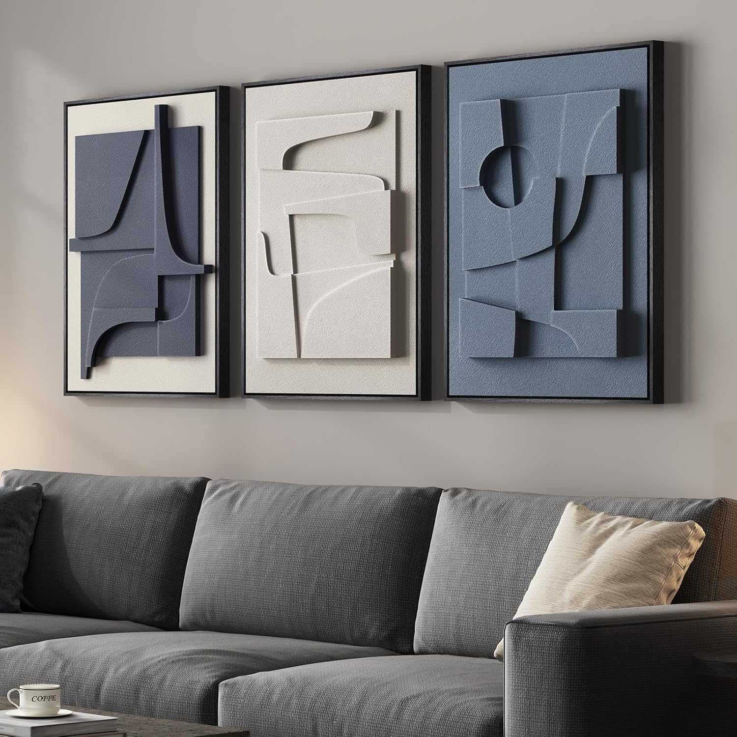 Large 3D Textured Framed Boho Modern Neutral Abstract Wall Art for Living Room, 3 Piece Black White Brown Paintings Artwork for Walls