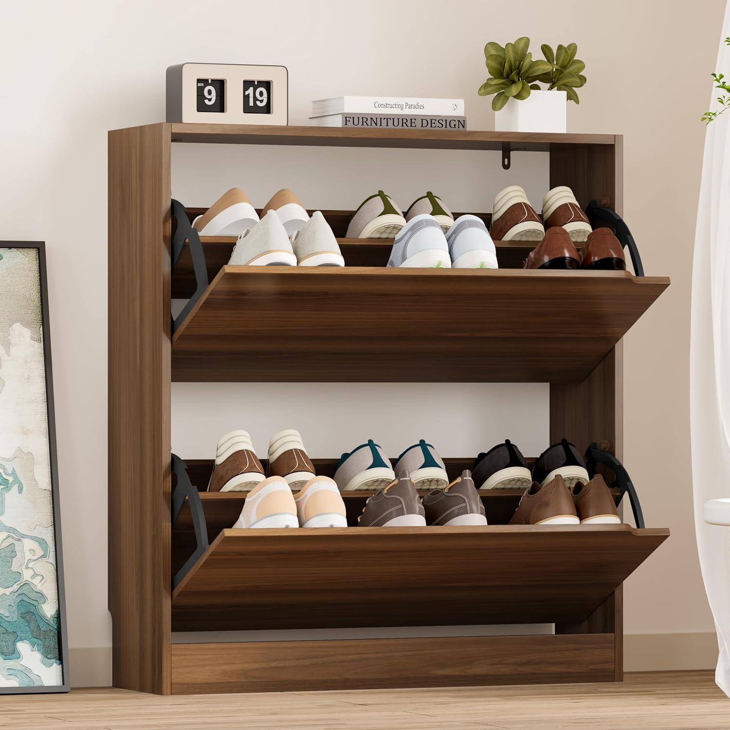 BORNOON Shoe Cabinet with 3 Flip Drawers, Hidden Wood Shoe Cabinet, Freestanding Shoe Storage Cabinet for Entryway Hallway.White. 47.2" H*31.5" W*9