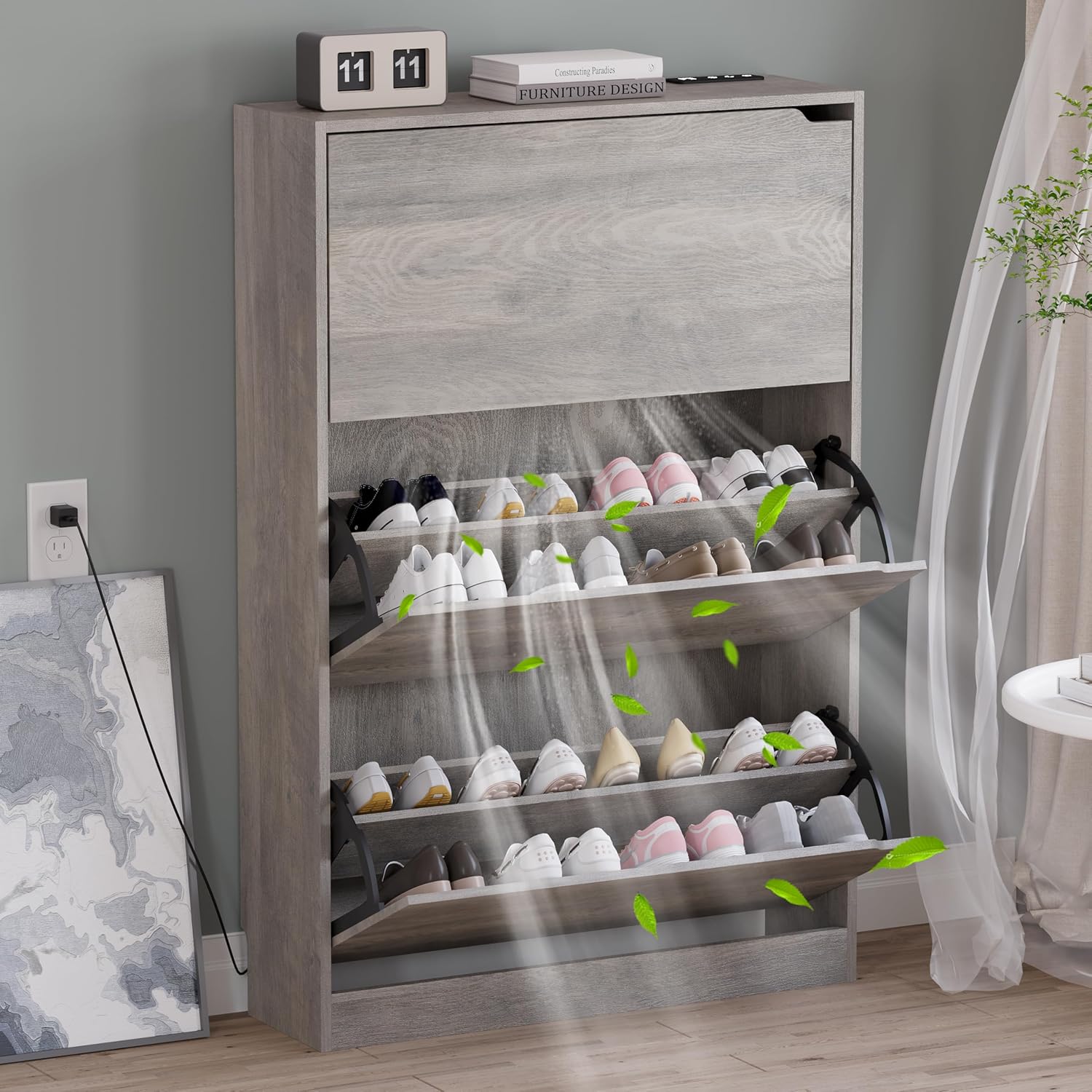 BORNOON Shoe Cabinet with 3 Flip Drawers, Hidden Wood Shoe Cabinet, Freestanding Shoe Storage Cabinet for Entryway Hallway.White. 47.2" H*31.5" W*9